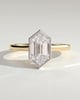 Gloria - Elongated Hexagon Bezel Solitaire with Hidden Halo and Cathedral High Setting Engagement Ring - 18k Yellow Gold / 18k White Gold
