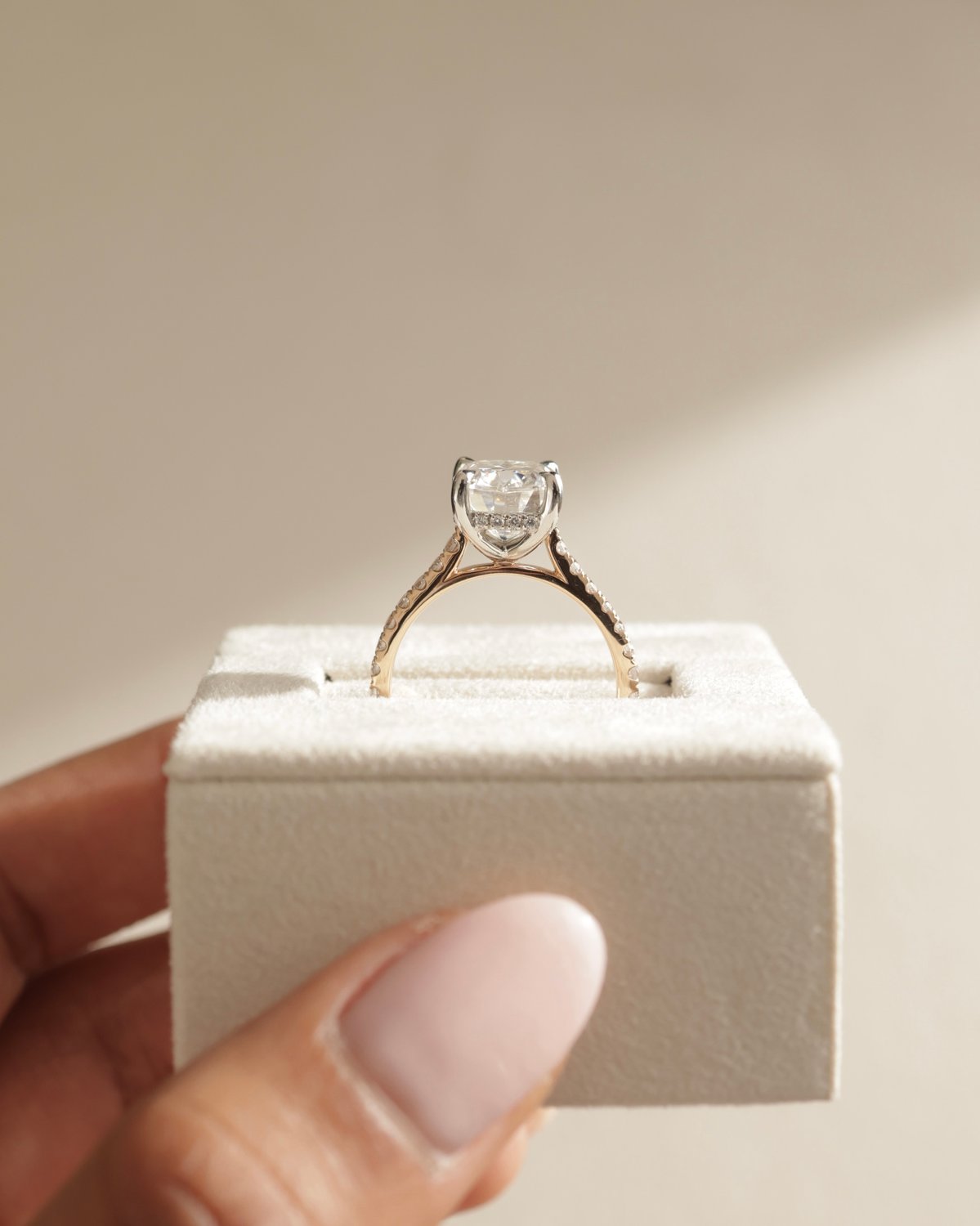 18k Rose Gold / Platinum | 10x8mm Elongated Cushion Moissanite | Lab Diamond side stones