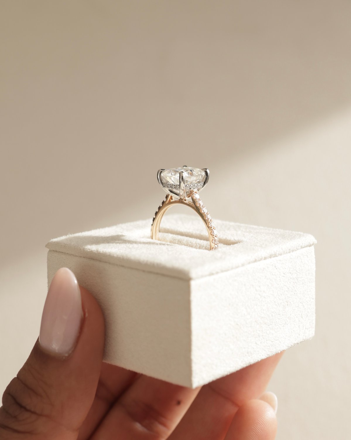 18k Rose Gold / Platinum | 10x8mm Elongated Cushion Moissanite | Lab Diamond side stones
