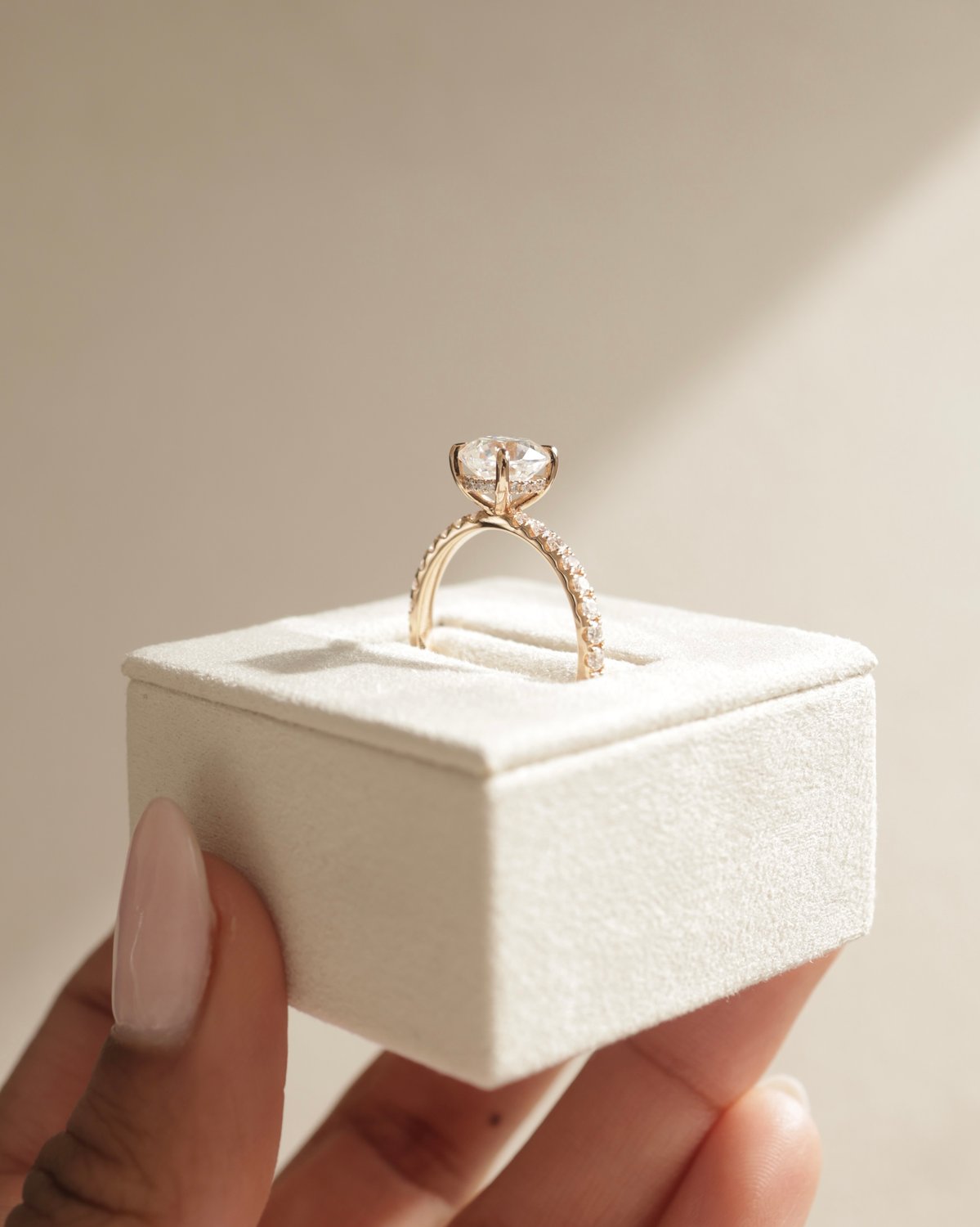 18k Rose Gold | 7mm Cushion Moissanite | Moissanite side stones