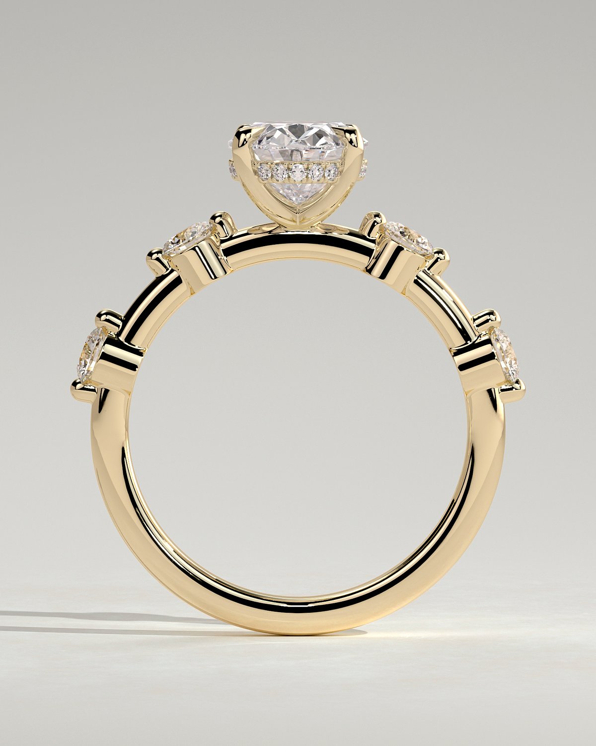 Arwen - Oval Solitaire with Hidden Halo and Accent Stones - 18k Yellow Gold