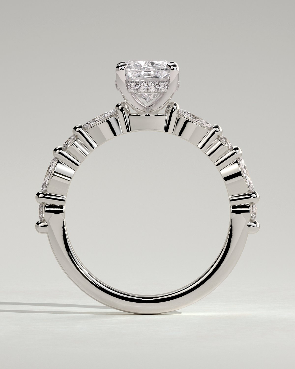 Cali - 4 Claw Elongated Cushion Solitaire with Accent Stones - 18k White Gold