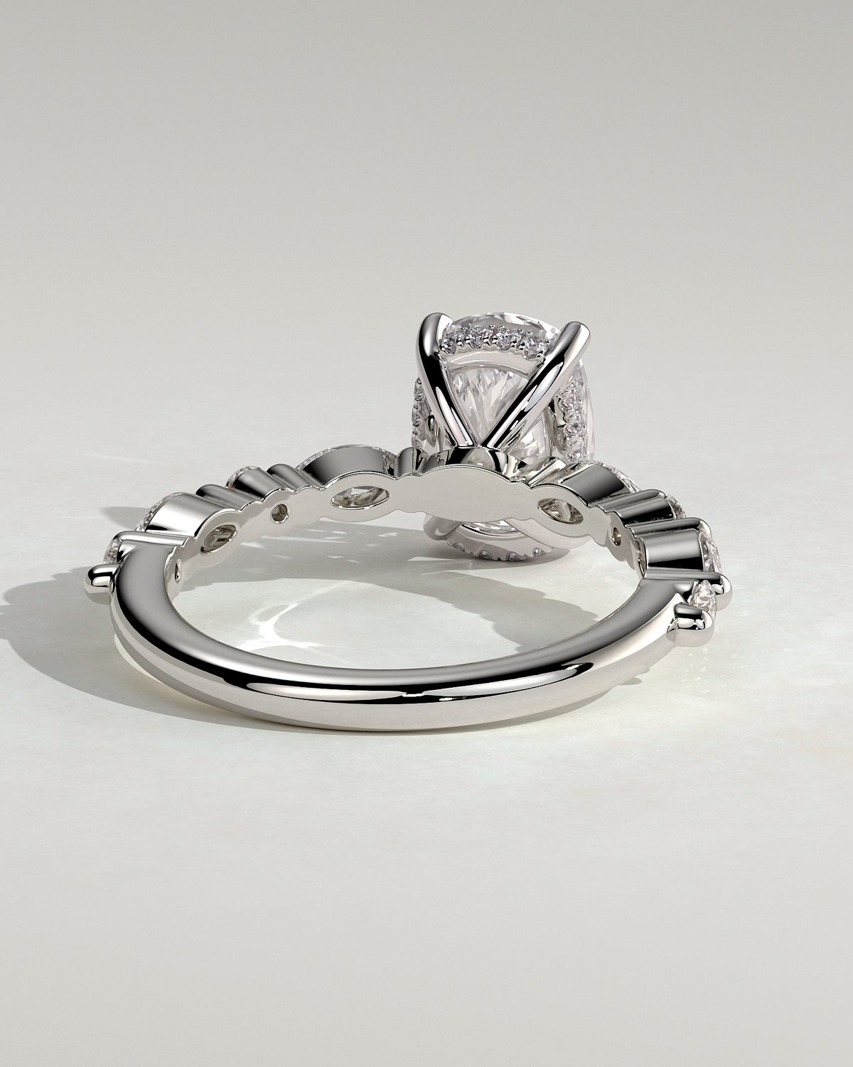 Cali - 4 Claw Elongated Cushion Solitaire with Accent Stones - 18k White Gold