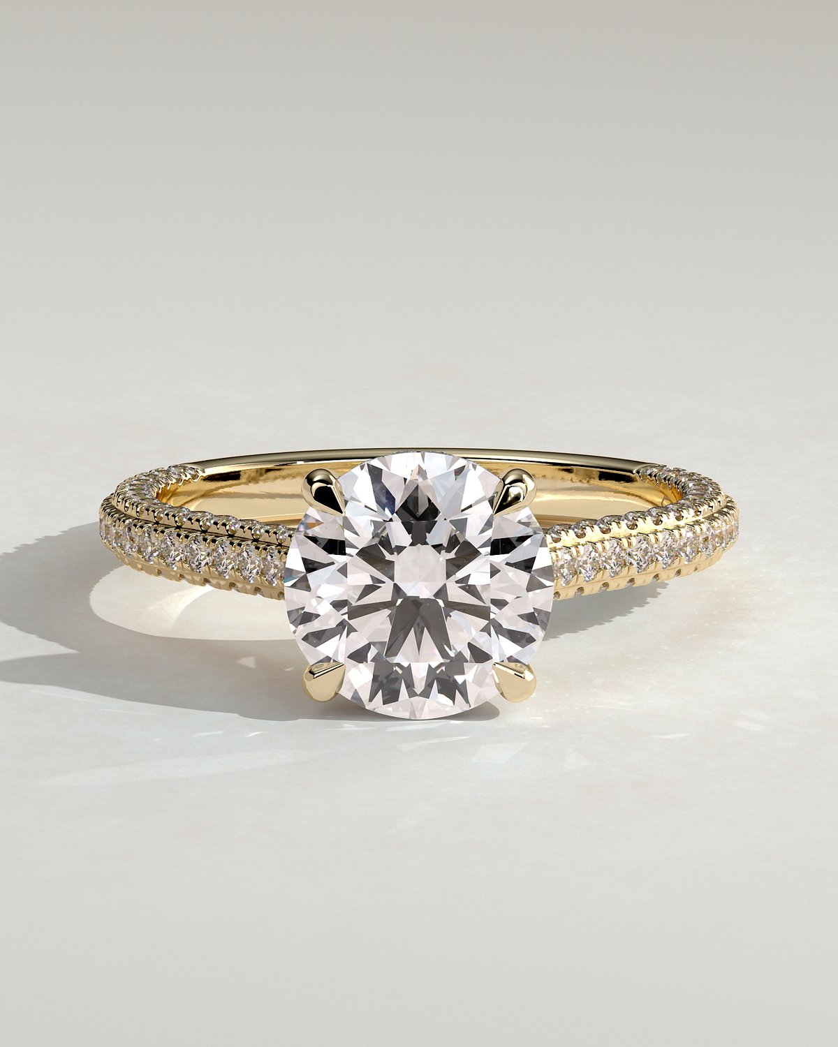 Chelsea  4 Claw Triple Pav Cathedral Round Solitaire - 18k Yellow Gold