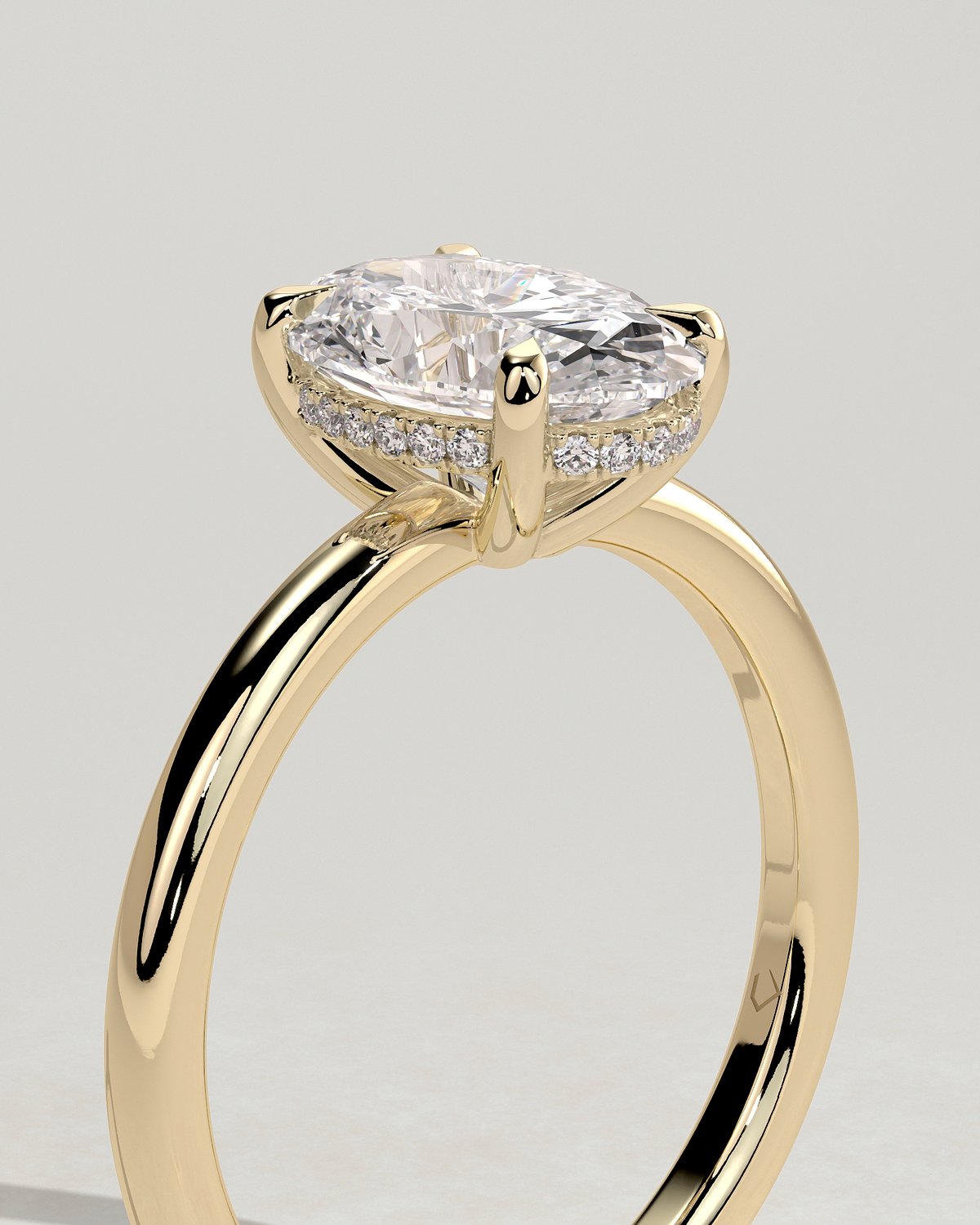 Emma  Oval Solitaire with Hidden Halo - 18k Yellow Gold Low Setting