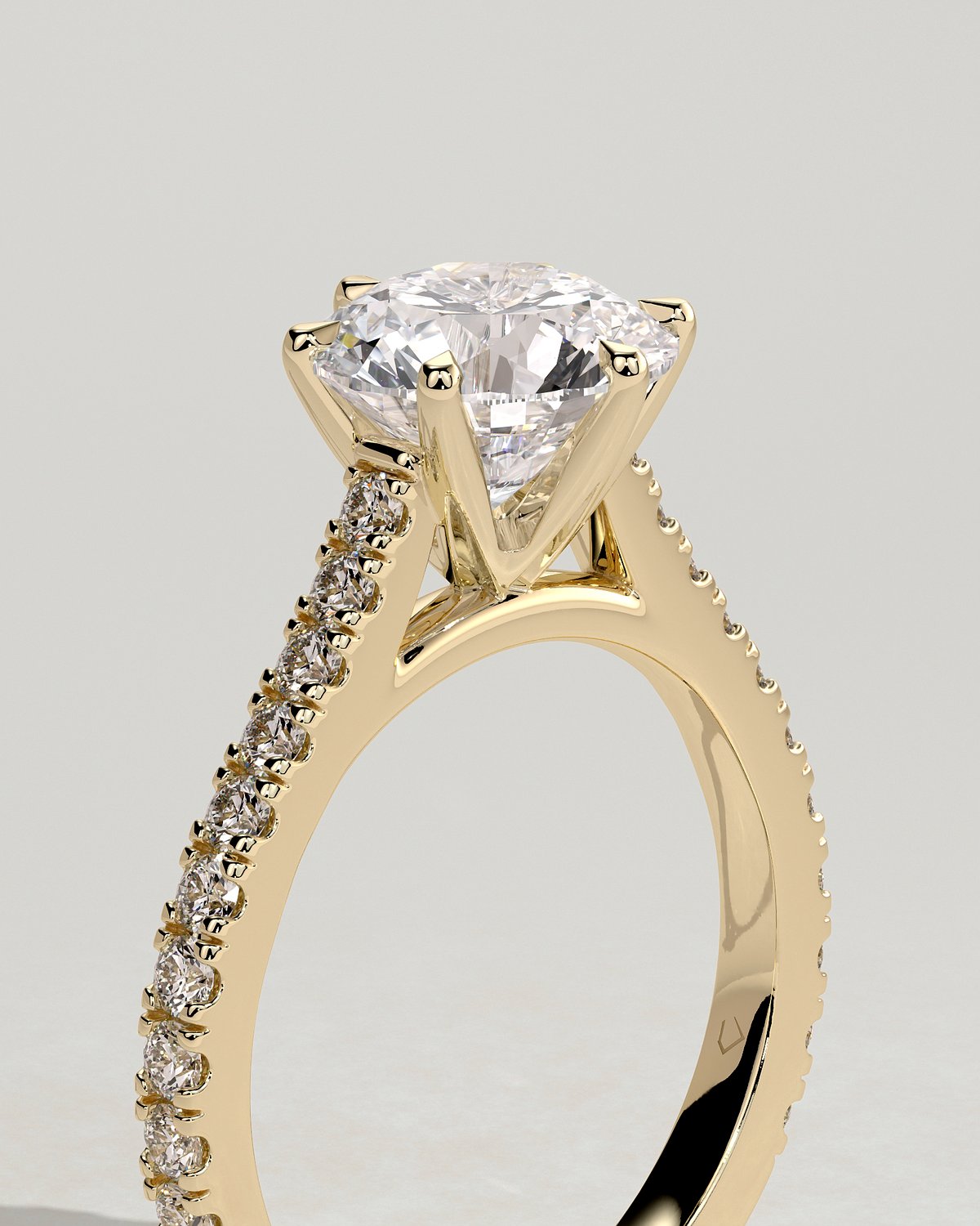Maisy - 6 Claw Cathedral Round Solitaire with French Pav - 18k Yellow Gold