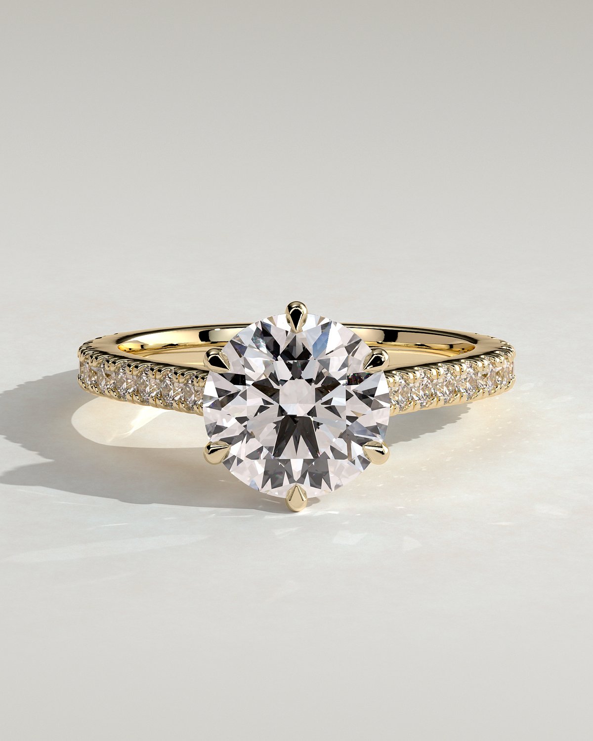 Maisy - 6 Claw Cathedral Round Solitaire with French Pav - 18k Yellow Gold