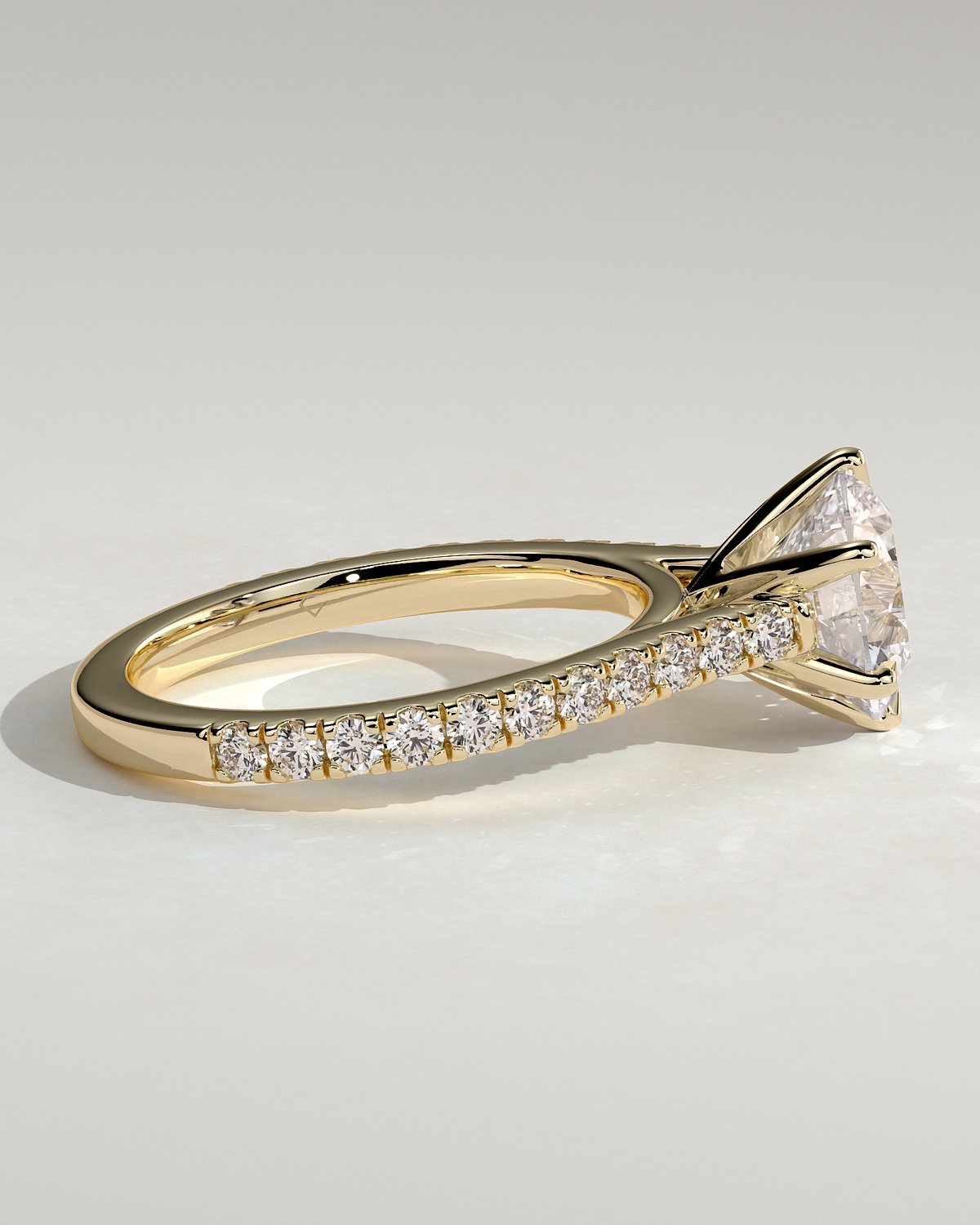 Maisy - 6 Claw Cathedral Round Solitaire with French Pav - 18k Yellow Gold