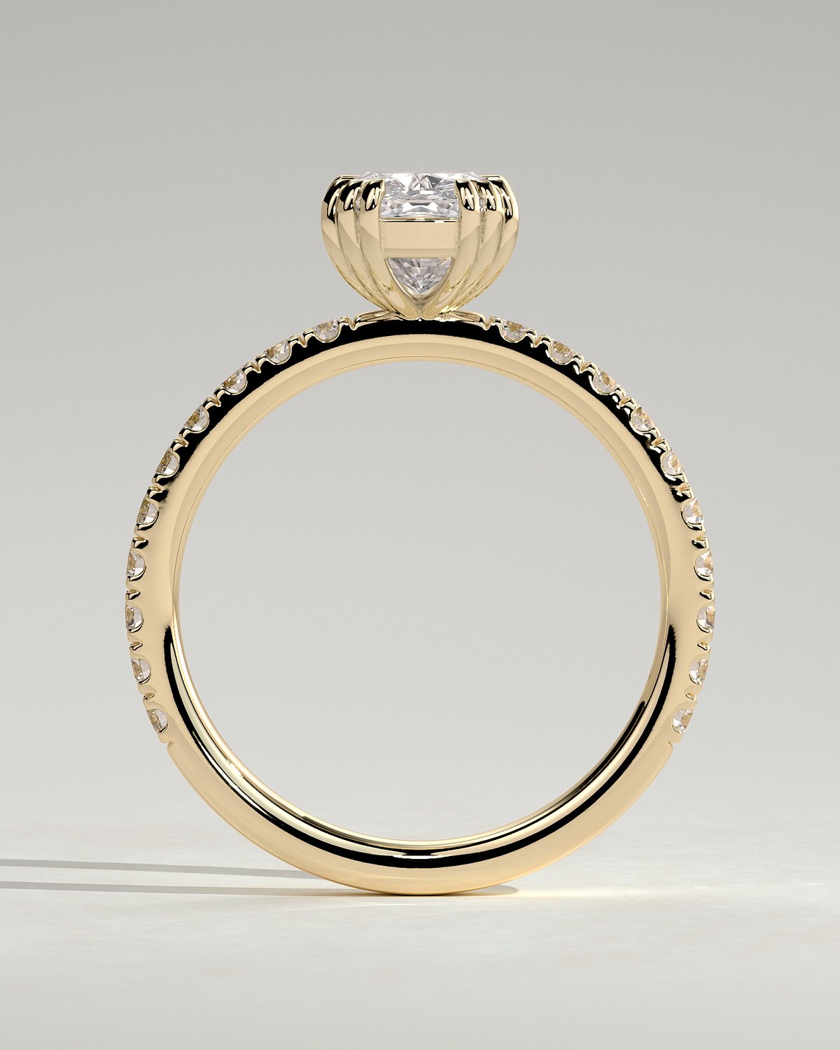 Mandy - Elongated Cushion with Triple Eagle Tip Claws and Pav Band - 18k Yellow Gold