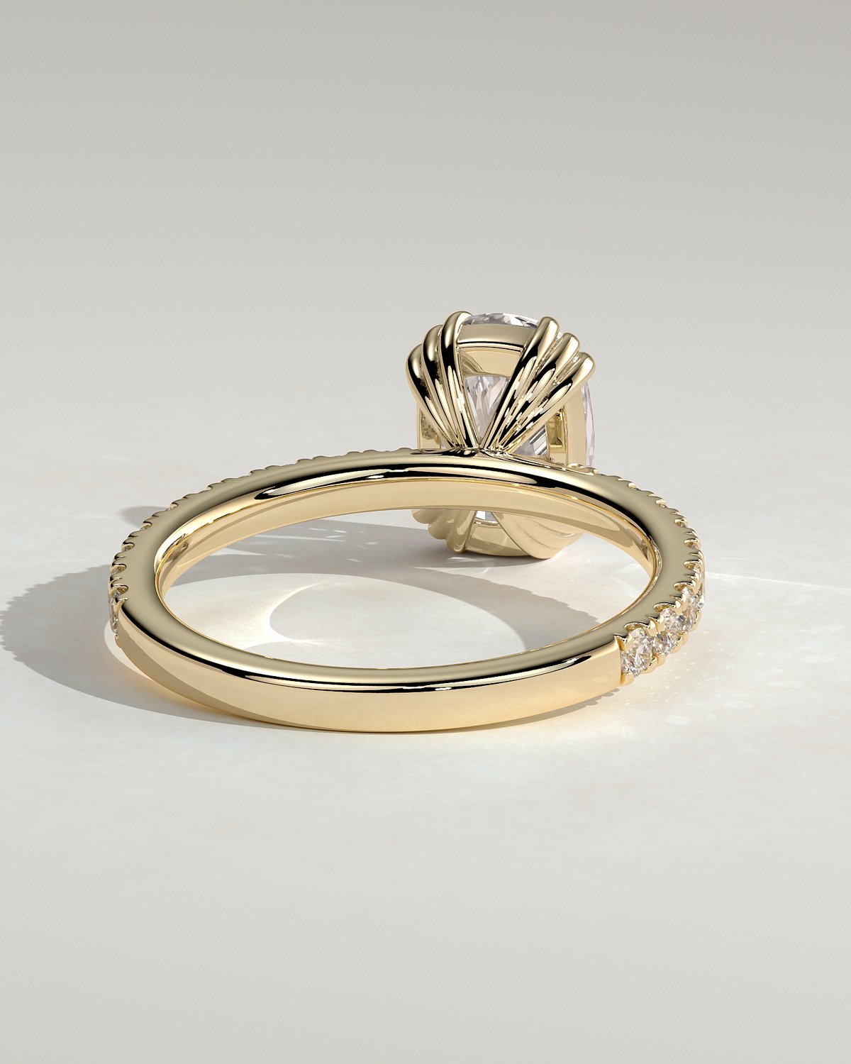 Mandy - Elongated Cushion with Triple Eagle Tip Claws and Pav Band - 18k Yellow Gold