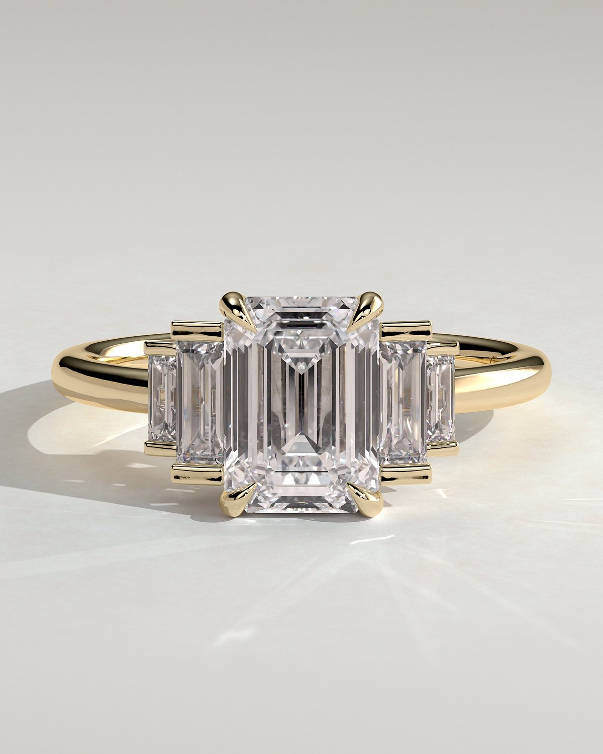 Nina - Emerald Trilogy with Baguette Side Stones - 18k Yellow Gold