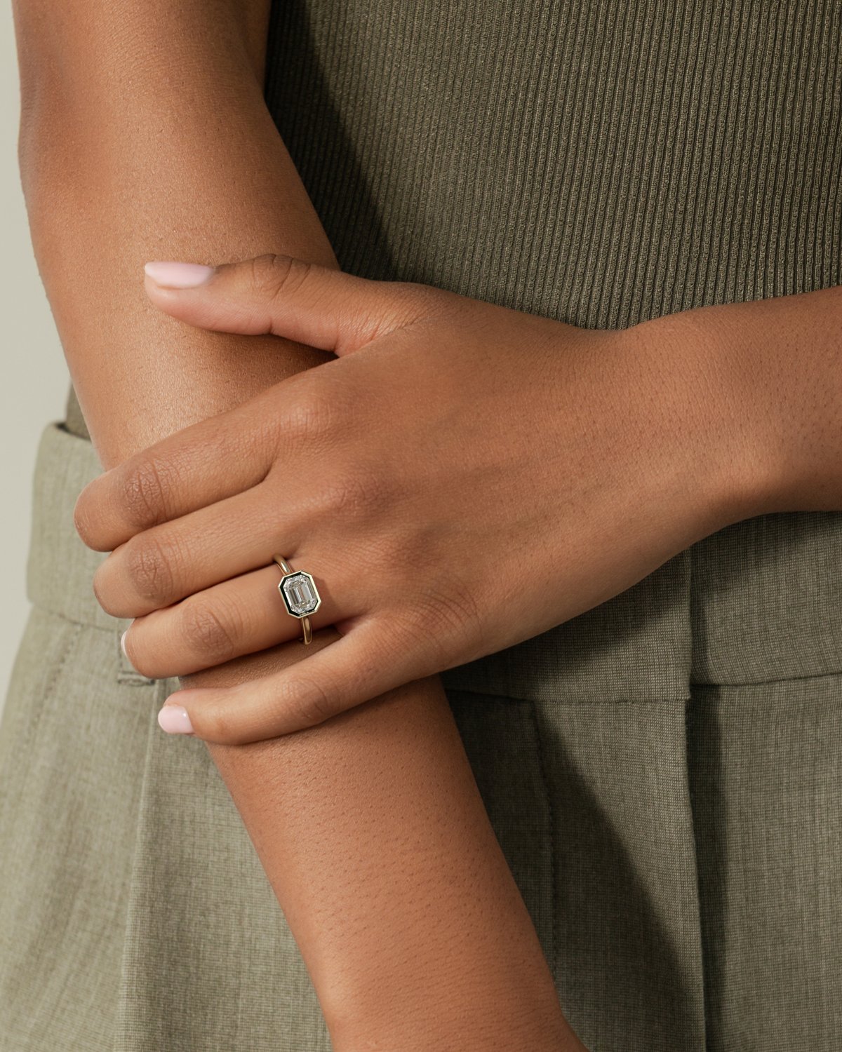 Olive - East West Emerald Solitaire with Cathedral Bezel Setting - 18k Yellow Gold