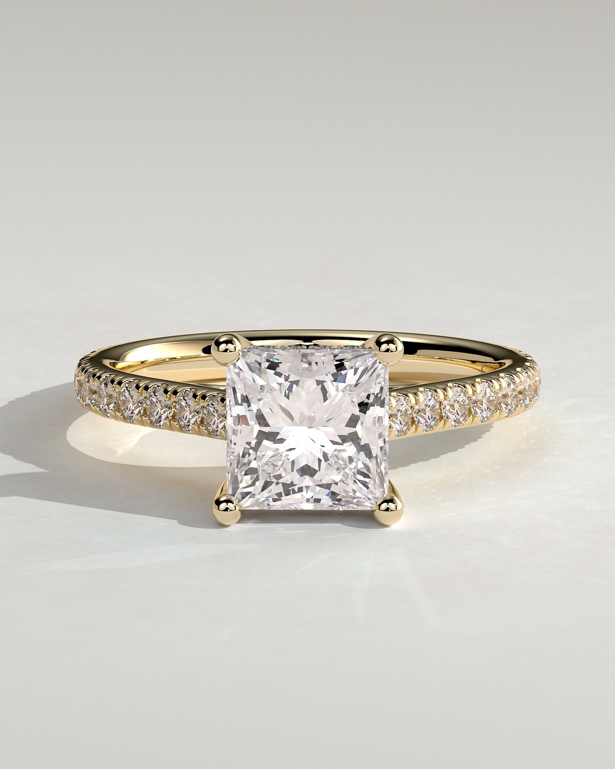 Zendaya - 4 Claw Princess Solitaire with Hidden Halo and pave band - 18k Yellow Gold