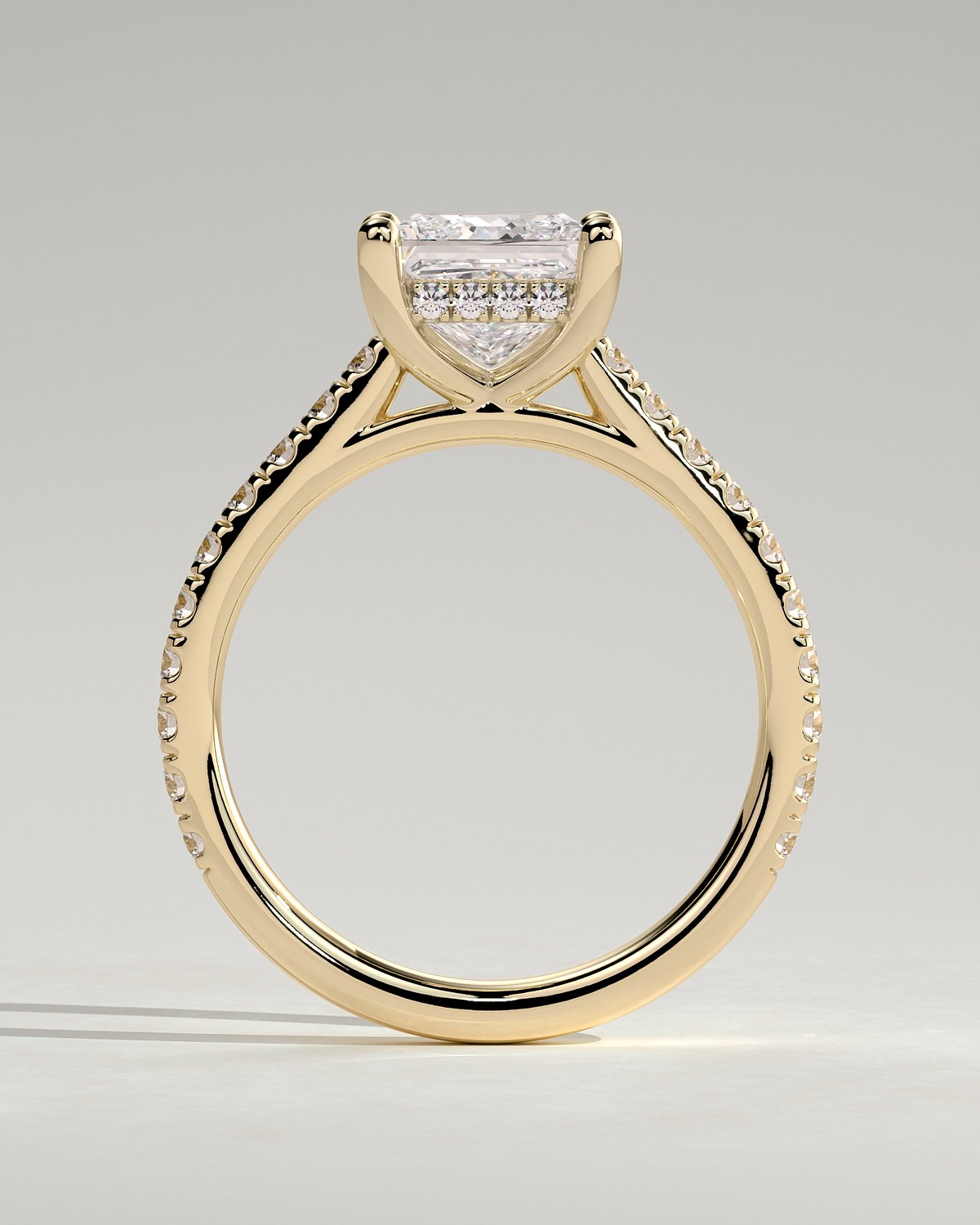 Zendaya - 4 Claw Princess Solitaire with Hidden Halo and pave band - 18k Yellow Gold
