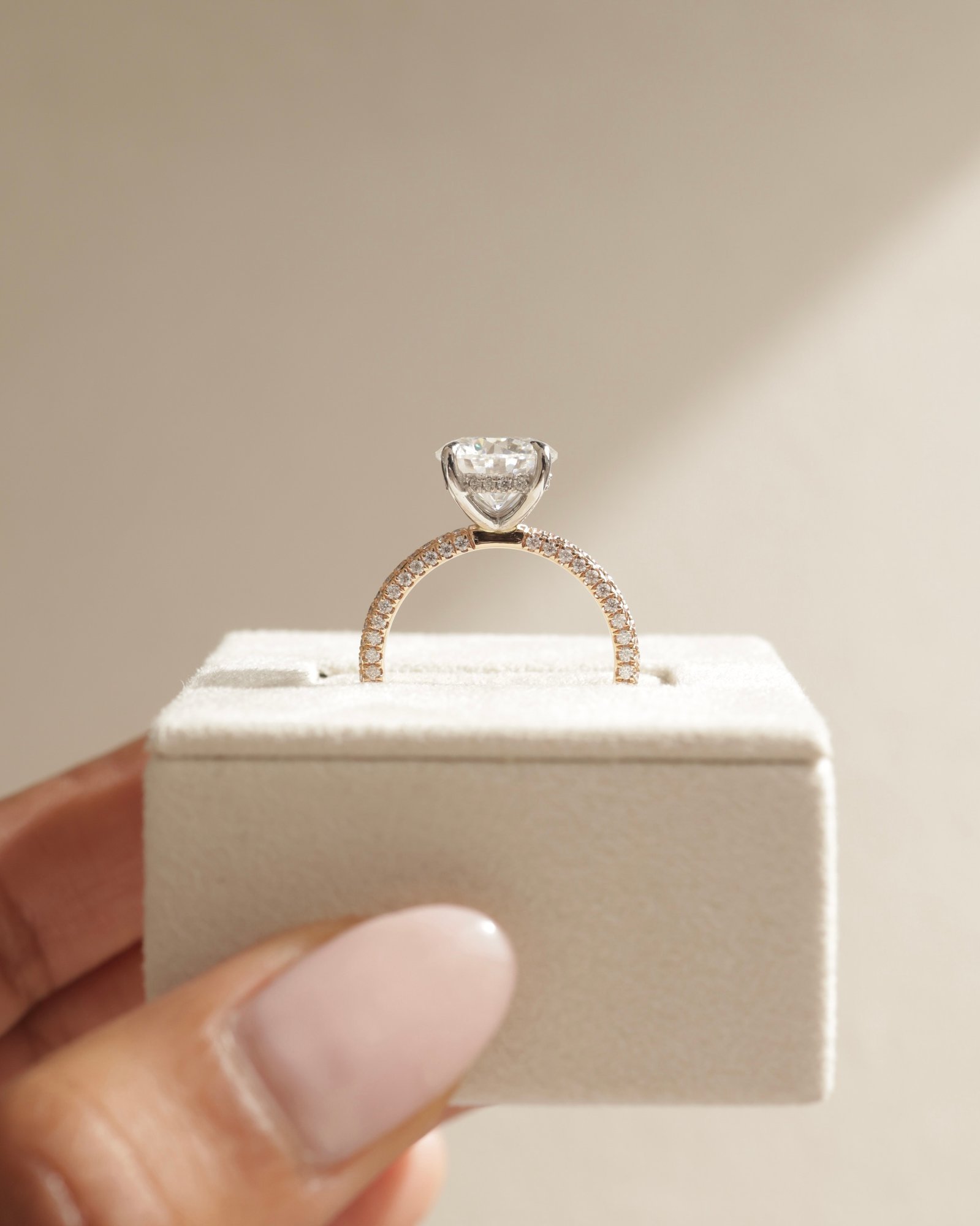 18k Rose Gold / 18k White Gold | 9mm Round Moissanite | Moissanite side stones