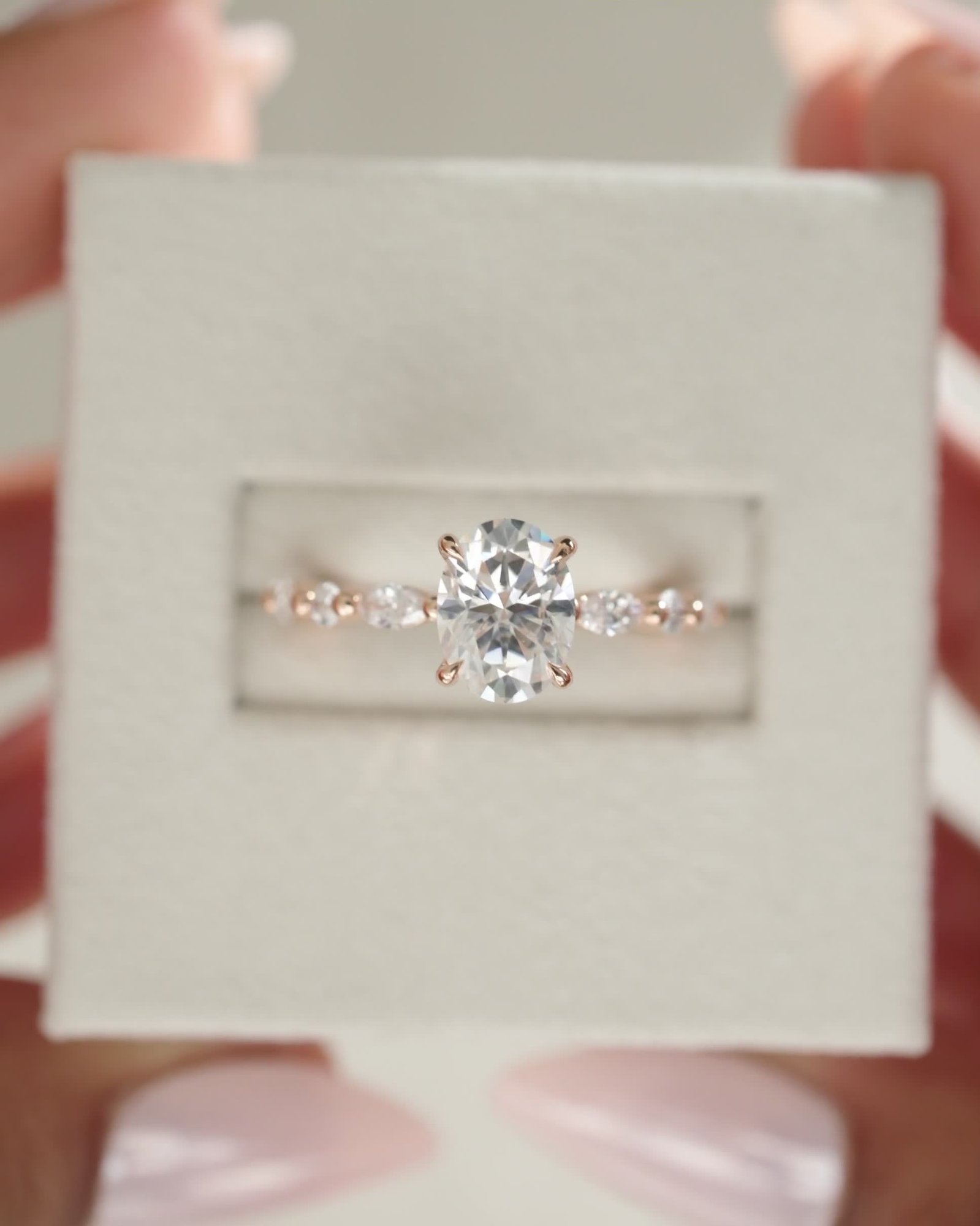 18k Rose Gold | 8x6mm Oval Moissanite | Lab Diamond side stones