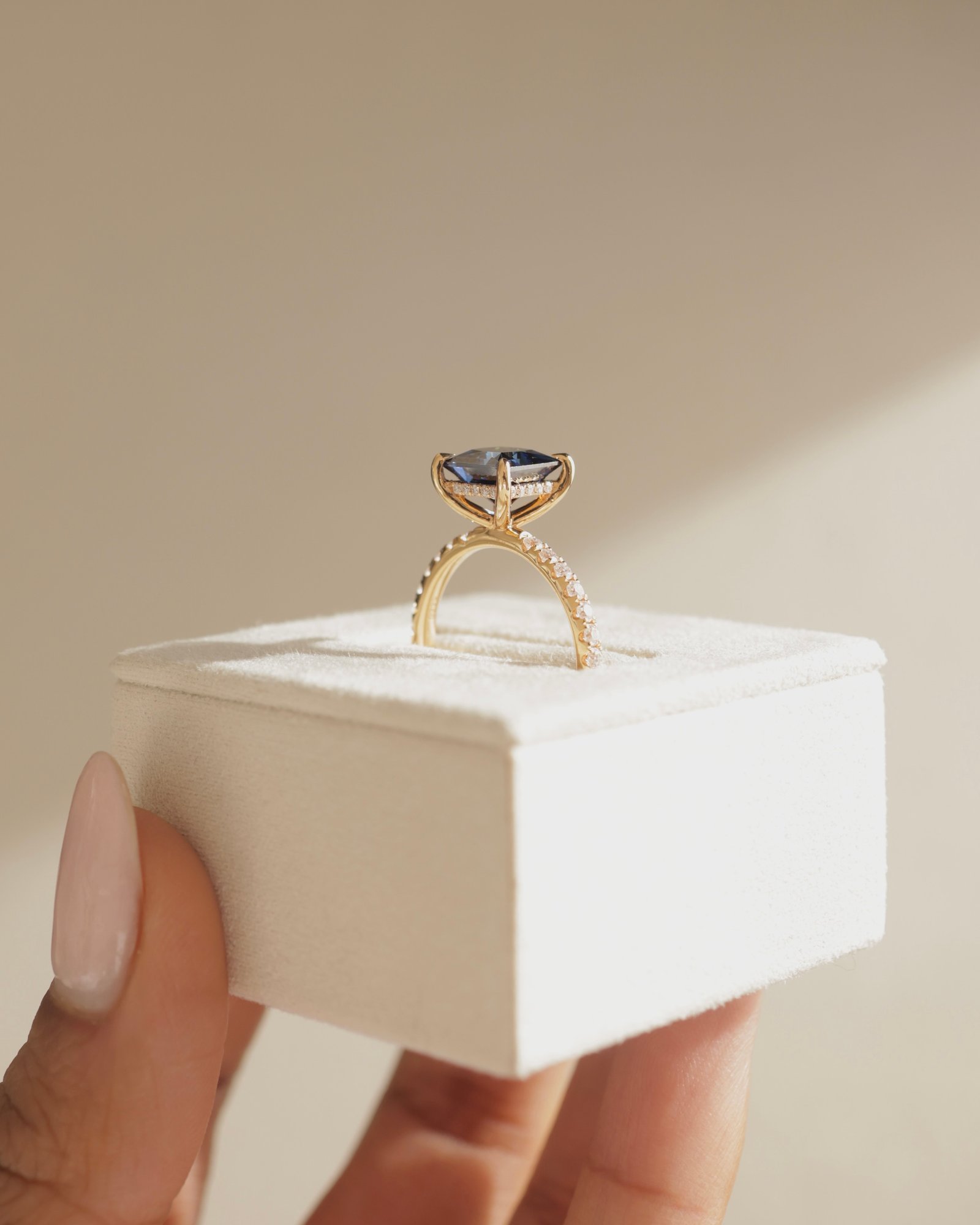 18k Rose Gold | 7mm Blue Princess Moissanite | Moissanite side stones