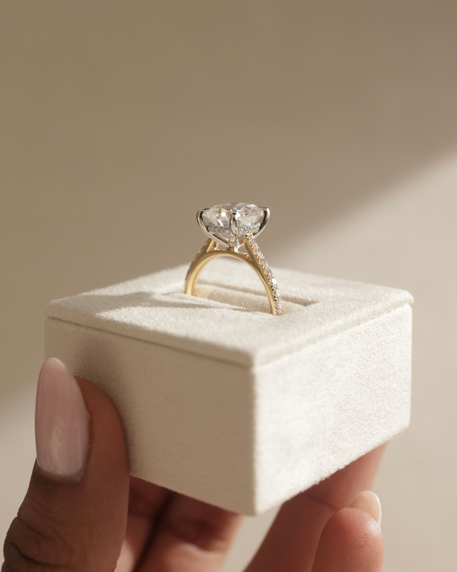 18k Yellow Gold / Platinum | 10x8mm Elongated Cushion Moissanite | Lab Diamond side stones