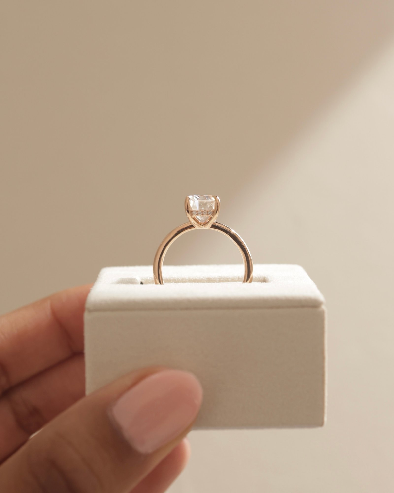 18k Rose Gold | Low Set | 9x7mm Elongated Cushion Moissanite | Lab Diamond side stones