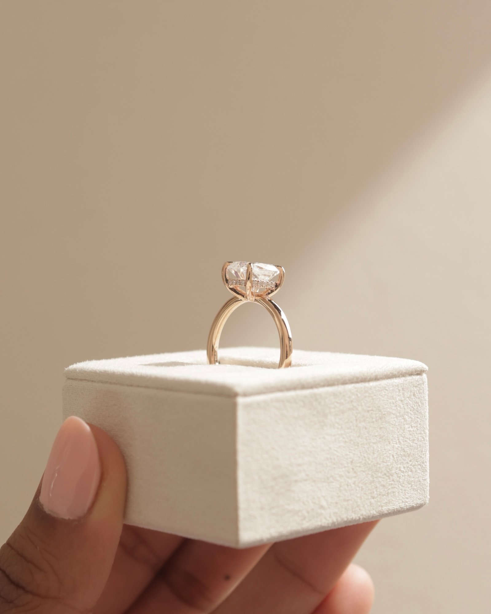 18k Rose Gold | Low Set | 9x7mm Elongated Cushion Moissanite | Lab Diamond side stones