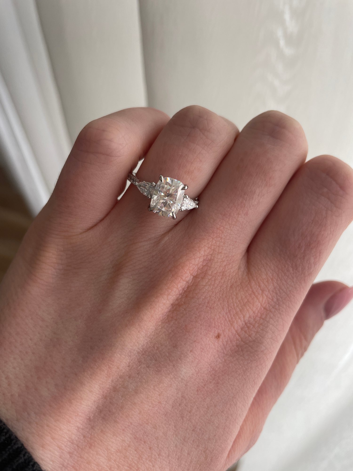 Platinum | 9x7mm Elongated Cushion Moissanite | Lab Diamond side stones