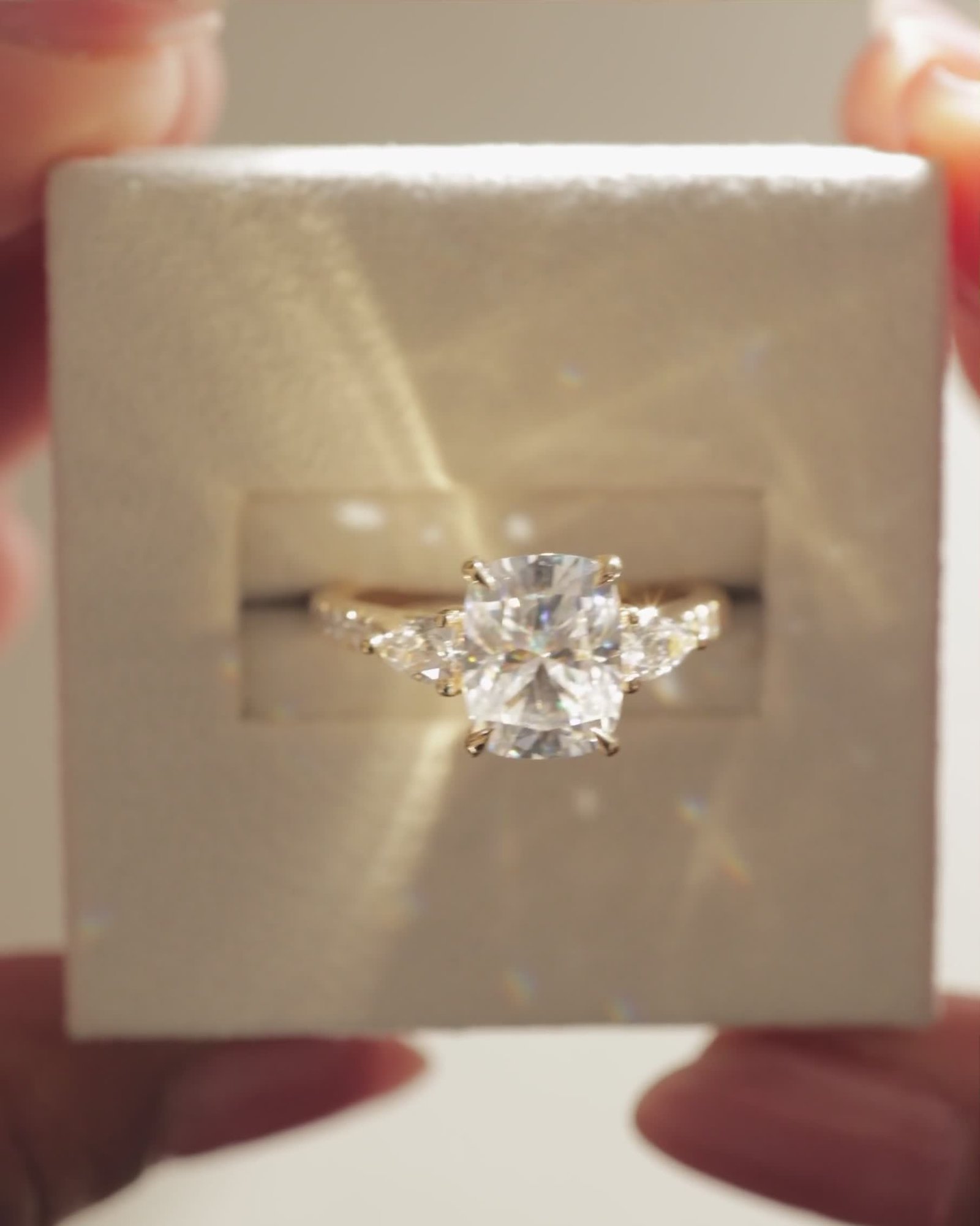 18k Yellow Gold | 9x7mm Elongated Cushion Moissanite | Lab Diamond side stones