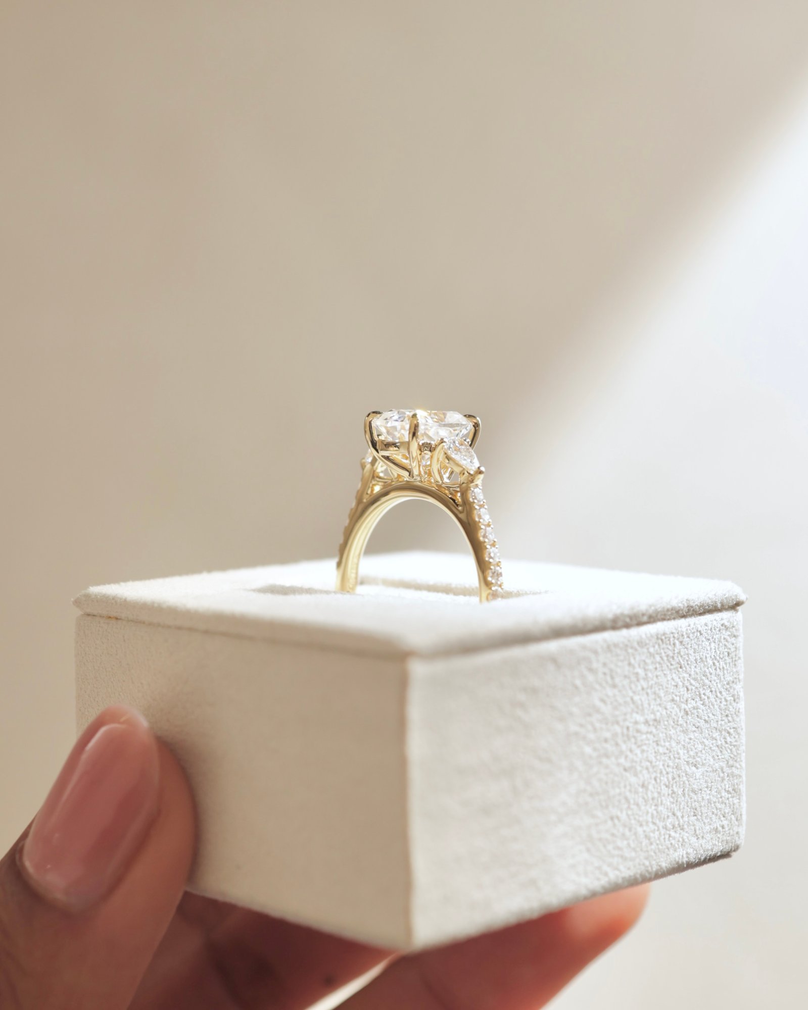 18k Yellow Gold | 9x7mm Elongated Cushion Moissanite | Lab Diamond side stones