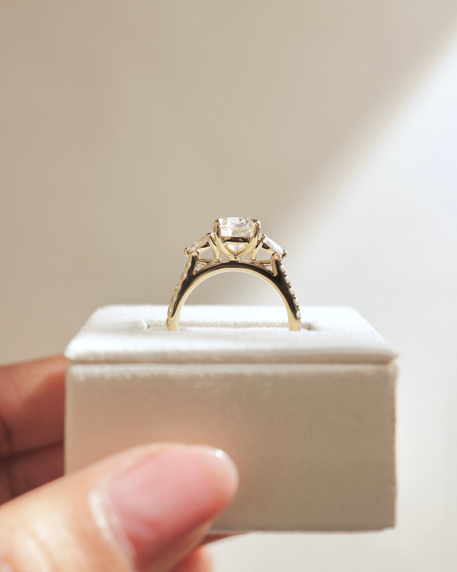 18k Yellow Gold | 9x7mm Elongated Cushion Moissanite | Lab Diamond side stones