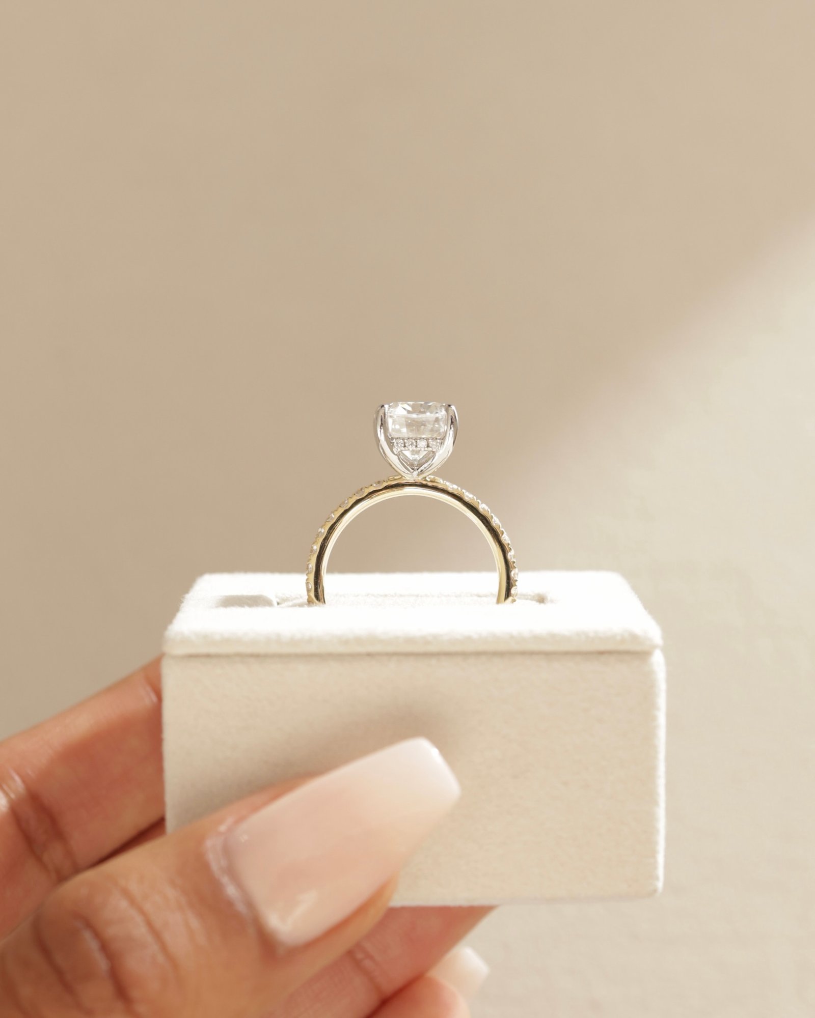 18k Yellow Gold / Platinum | 10x8mm Elongated Cushion Moissanite | Lab Diamond side stones