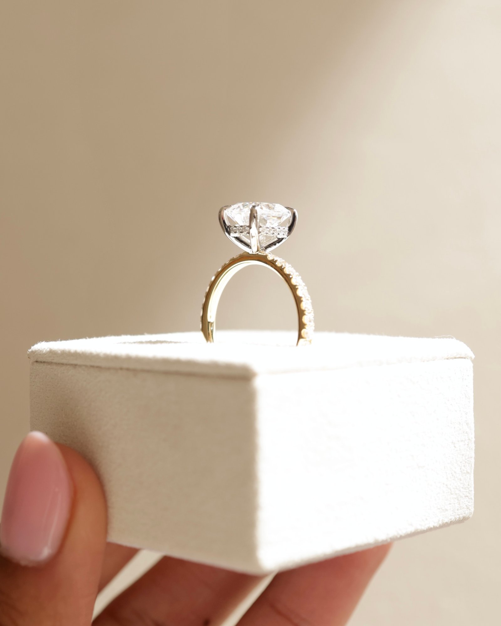 18k Yellow Gold / Platinum | 9x7.5mm Elongated Cushion Moissanite | Lab Diamond side stones