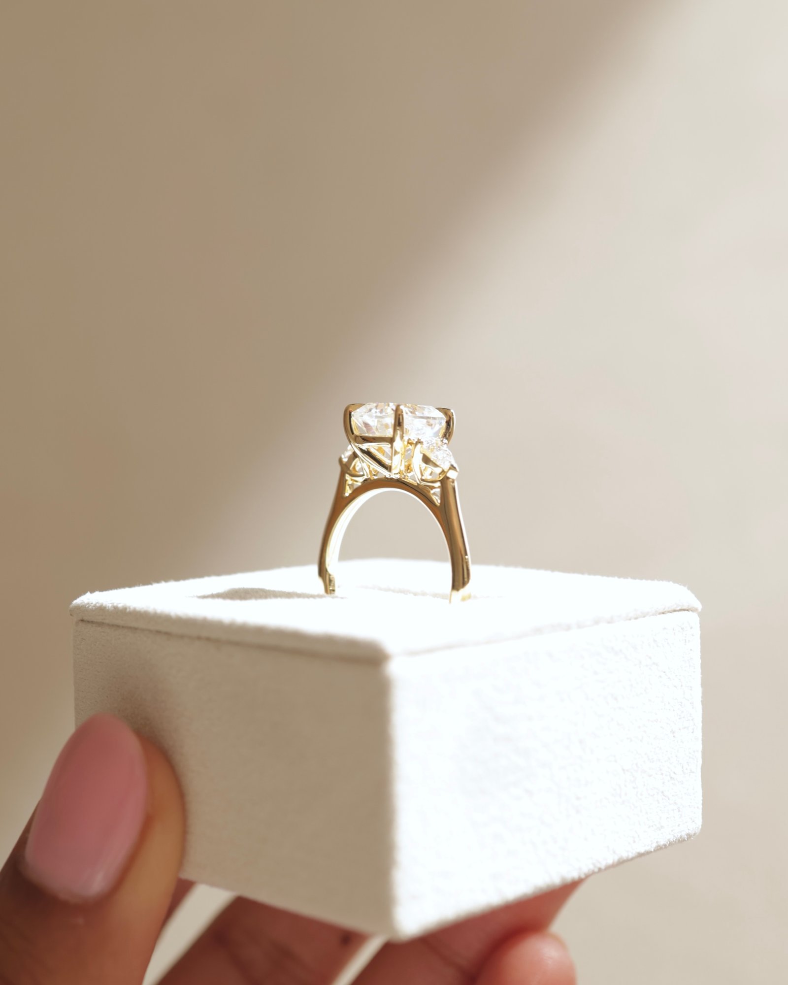 18k Yellow Gold | 9x7.5mm Elongated Cushion Moissanite | Lab Diamond side stones