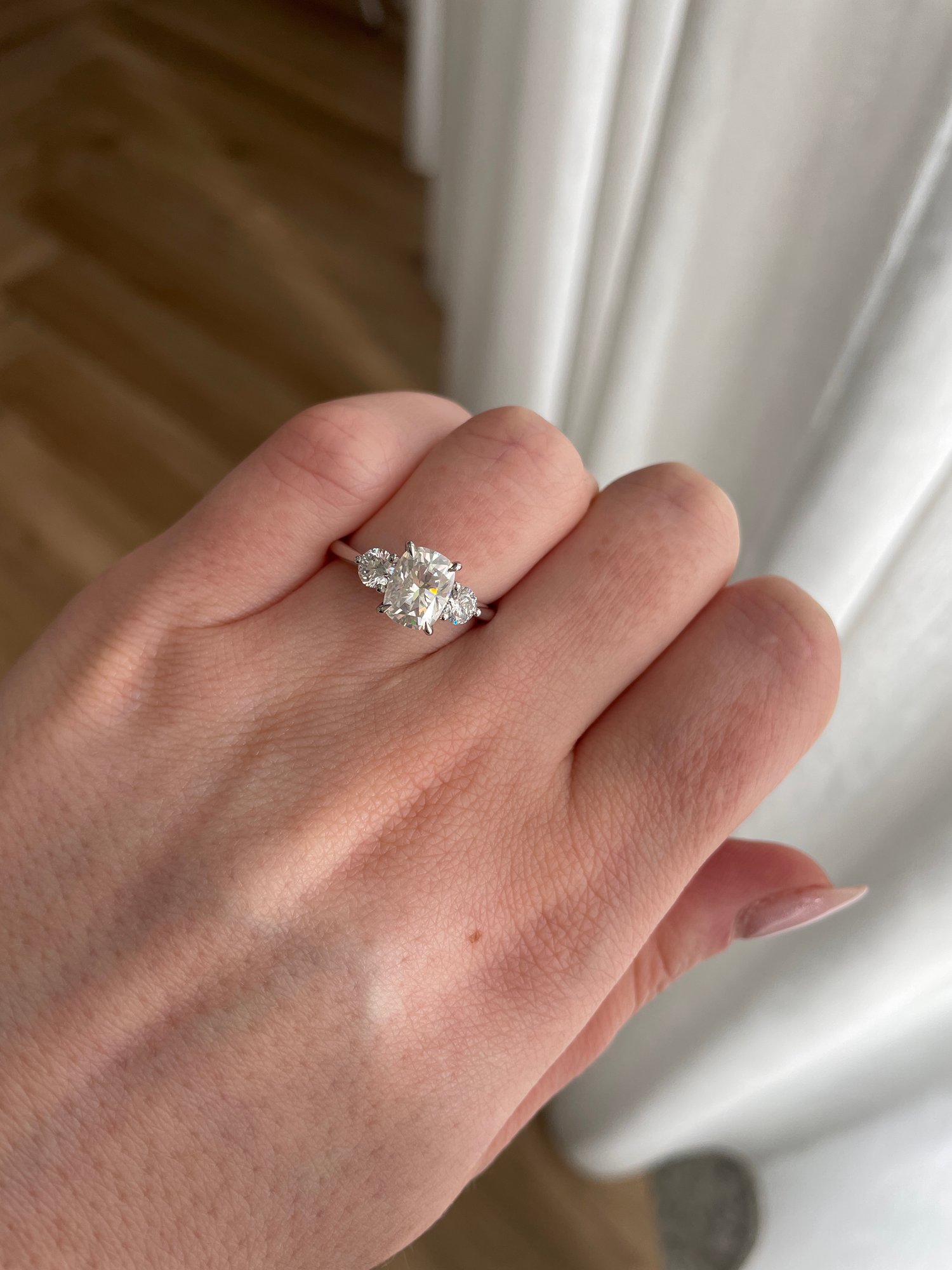 Platinum | 8x6mm Elongated Cushion Moissanite | Lab Diamond side stones