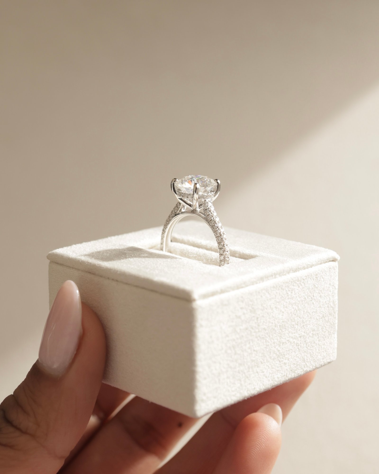 18k White Gold | 9mm Round Moissanite | Moissanite side stones