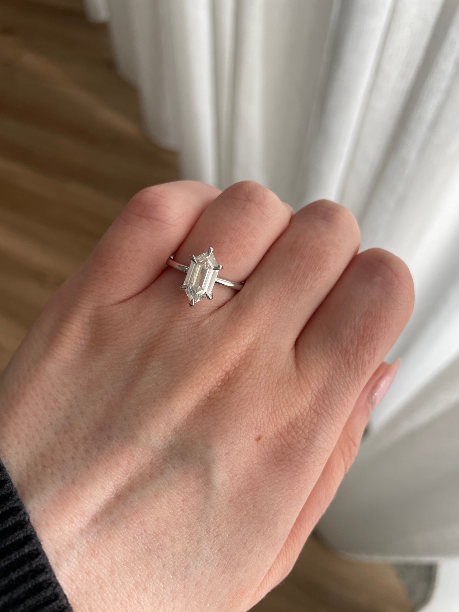 Platinum | 12x6mm Elongated Hexagon Moissanite | Lab Diamond side stones