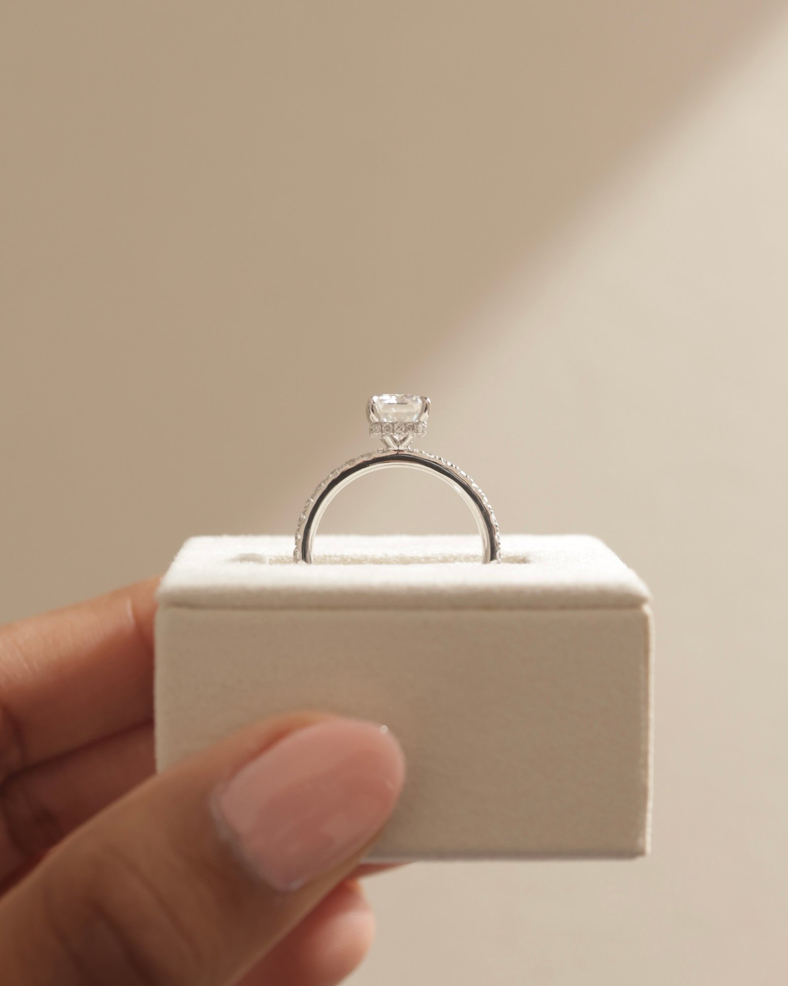 Platinum | 8x6mm Emerald Moissanite | Lab Diamond side stones