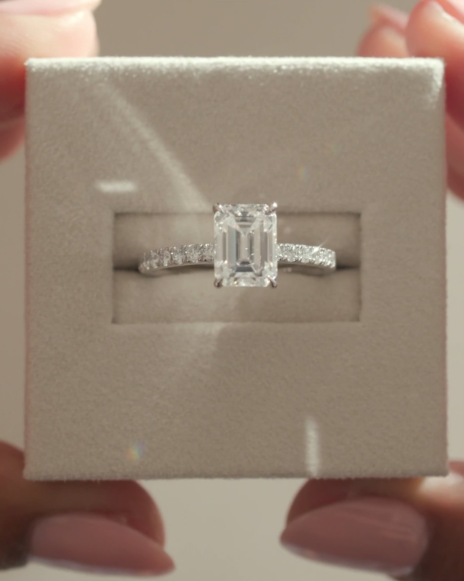 Platinum | 8x6mm Emerald Moissanite | Lab Diamond side stones