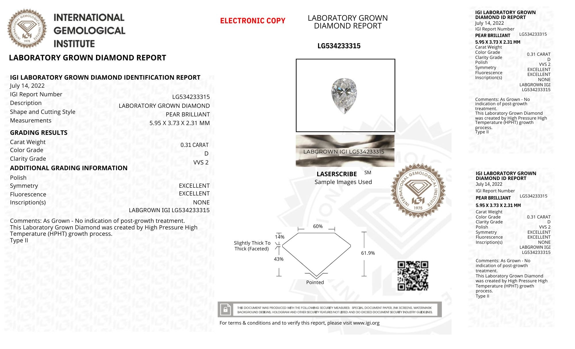 18k Yellow Gold | 0.31ct - D - VVS2 Pear Lab Diamond | 1.5ct - E - VS1 Pear Lab Diamond