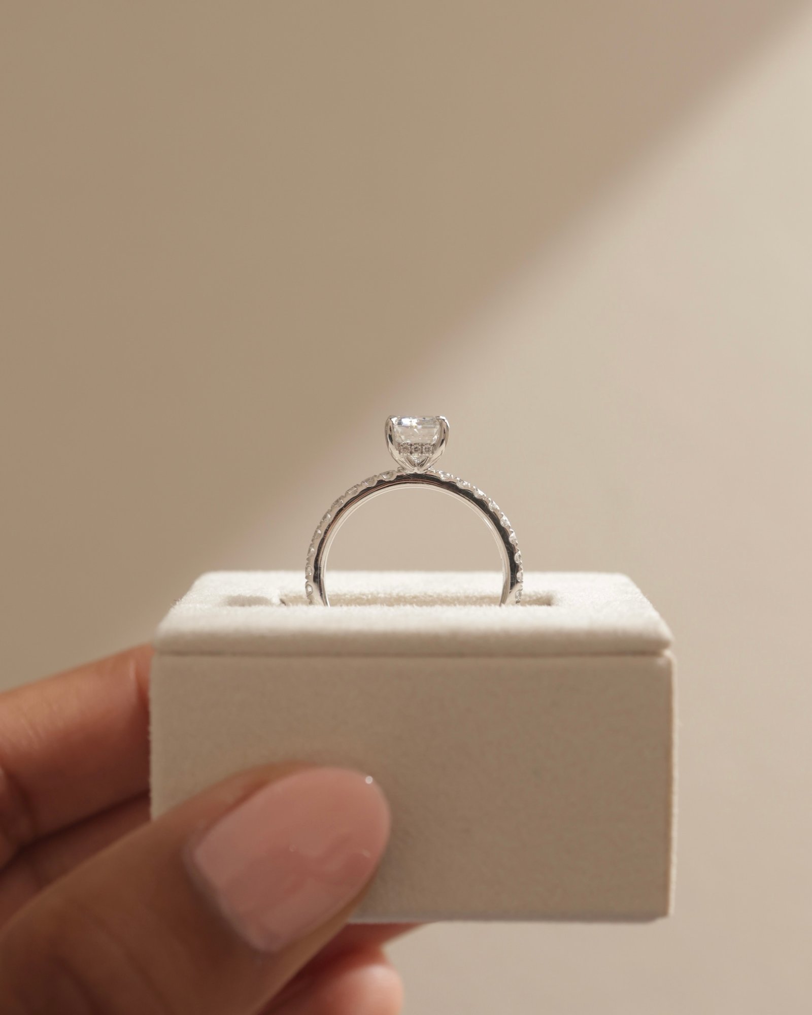 Platinum | 7.5x5.5mm Emerald Moissanite | Lab Diamond side stones