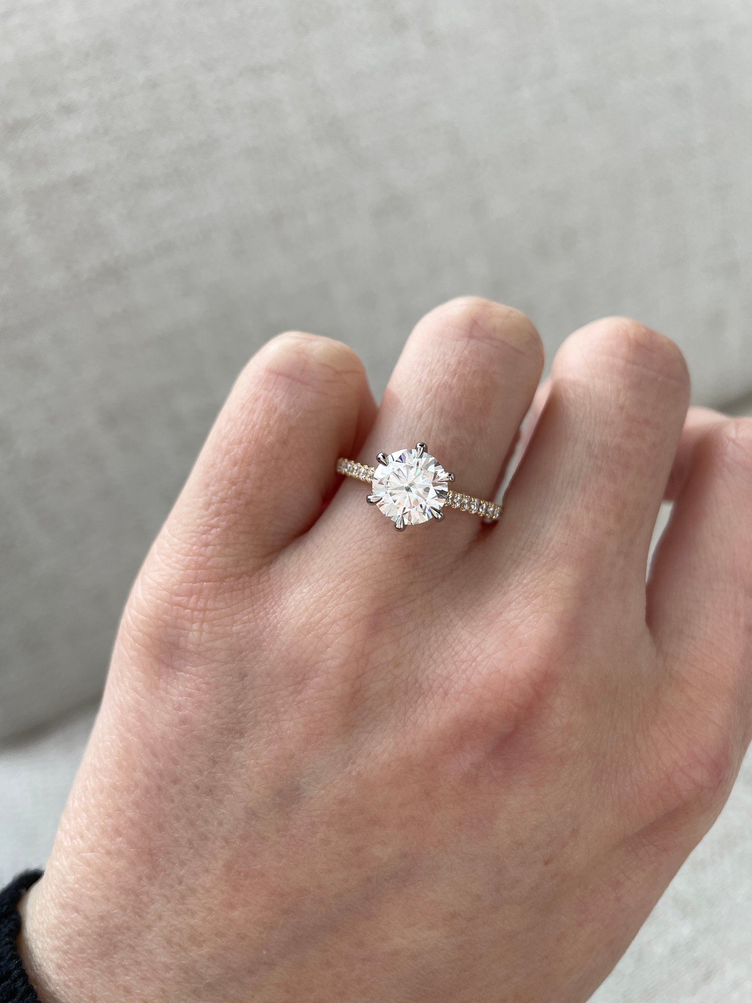 18k Yellow Gold / Platinum | 7.5mm Round Moissanite | Lab Diamond side stones