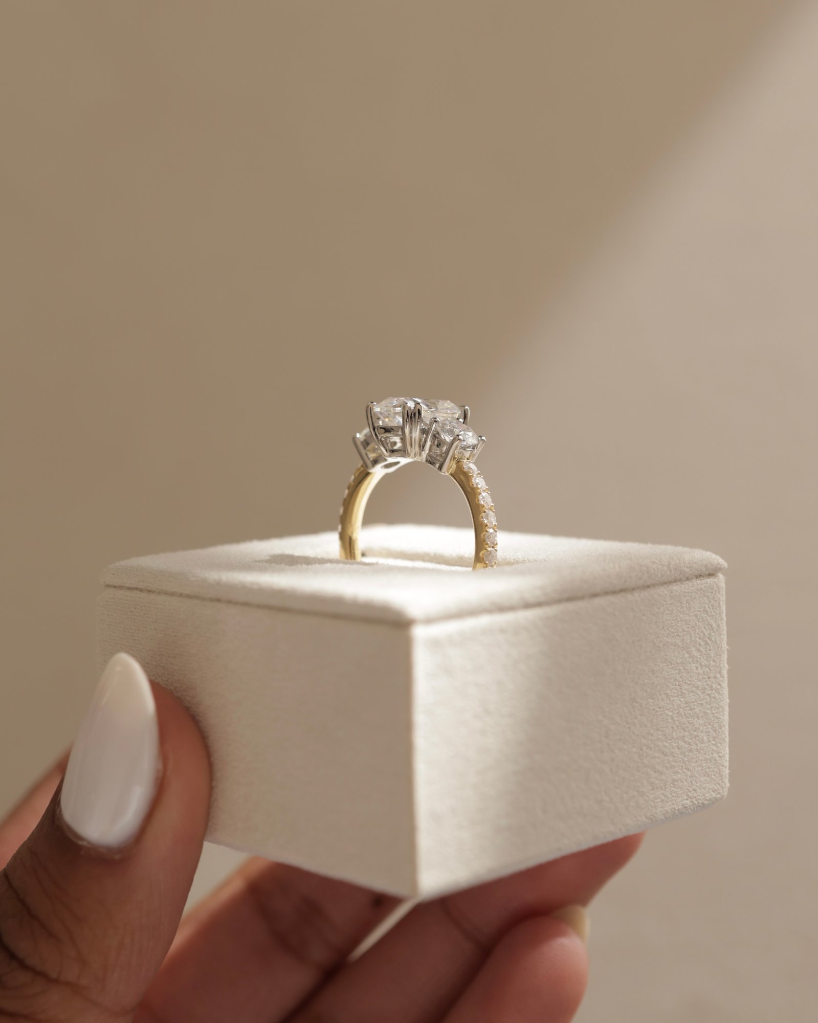 18k Yellow Gold / Platinum | Low Set | 9x7mm Elongated Cushion Moissanite | Moissanite side stones