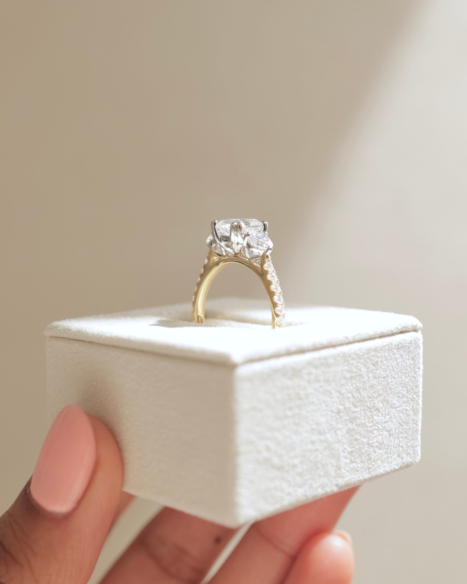 18k Yellow Gold / Platinum | High Set | 8x6mm Elongated Cushion Moissanite | Moissanite side stones