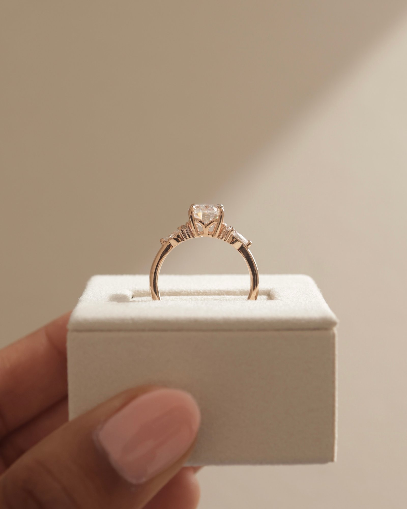 18k Rose Gold | Low Set | 9x6.5mm Oval Moissanite | Lab Diamond side stones