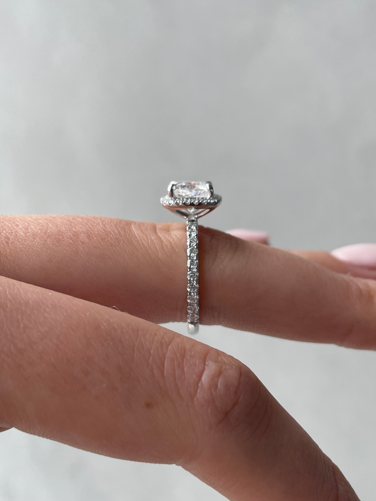 Platinum | 7.5mm Cushion Moissanite | Lab Diamond side stones