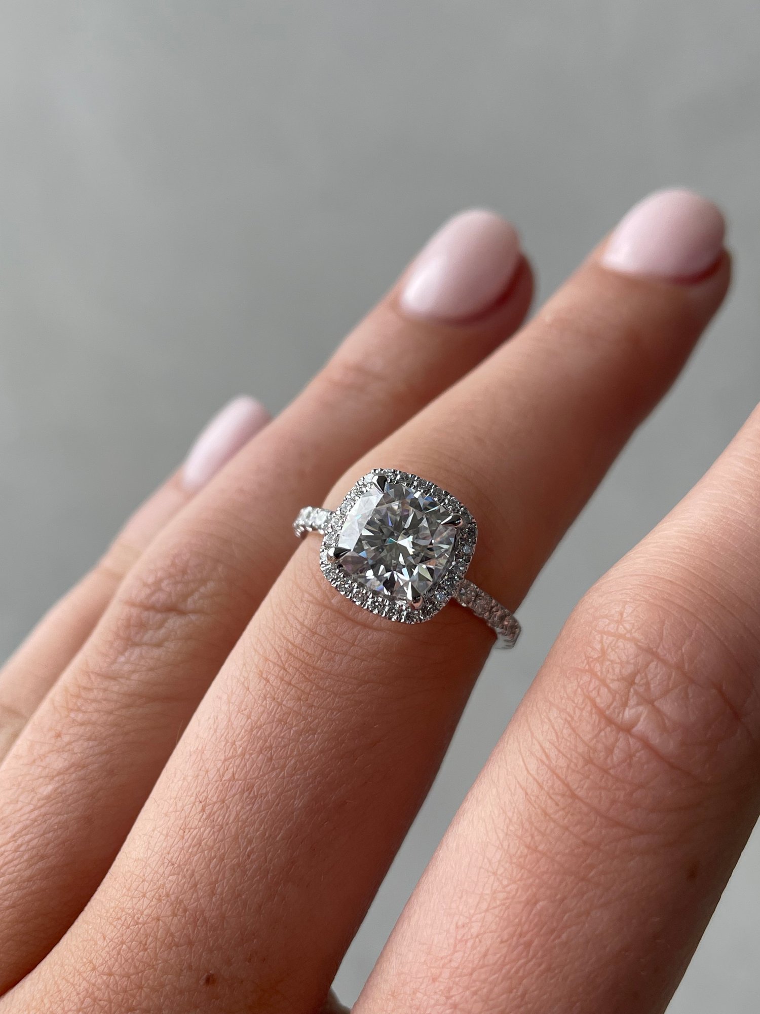 Platinum | 7.5mm Cushion Moissanite | Lab Diamond side stones