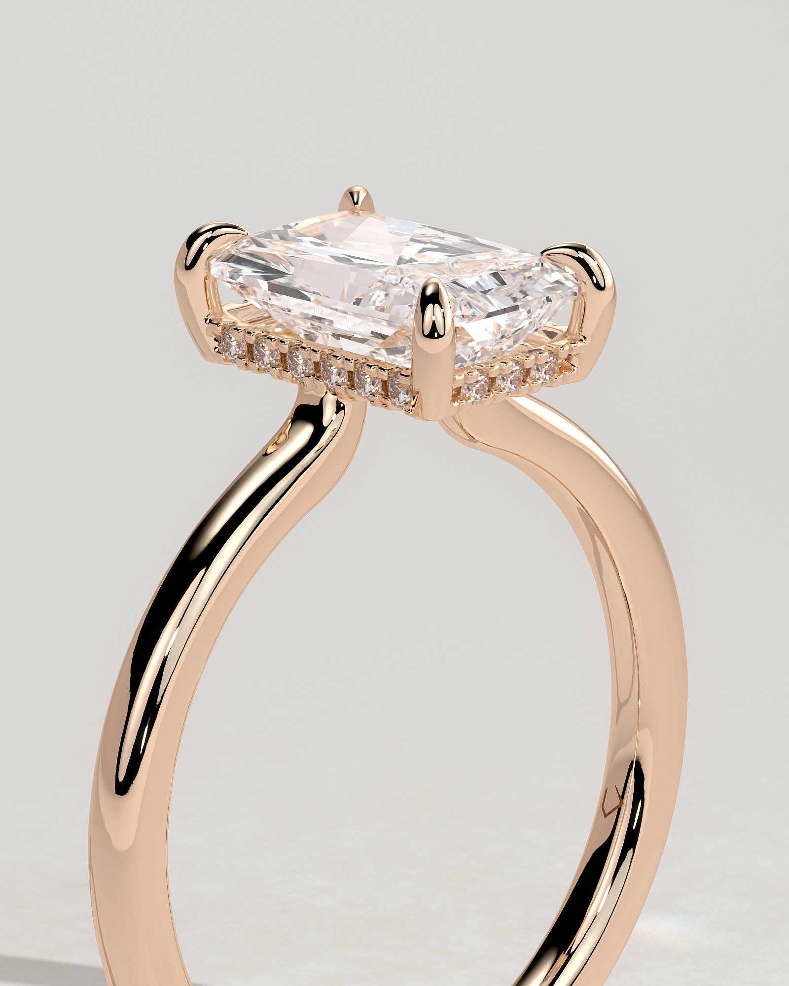 Adina - Radiant Floating Low Set Flush Solitaire with Hidden Halo - 18k Rose Gold
