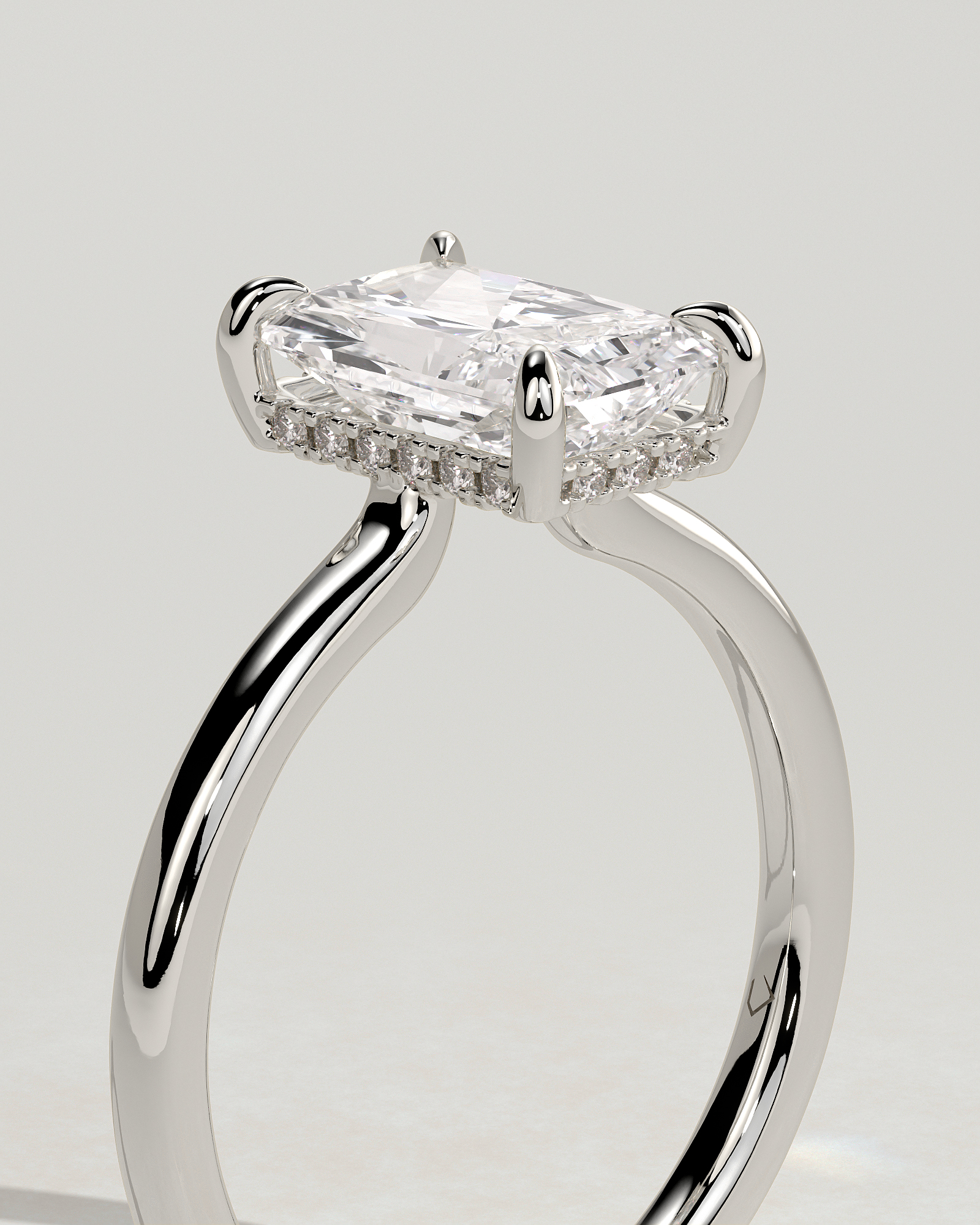 Adina - Radiant Floating Low Set Flush Solitaire with Hidden Halo - 18k White Gold