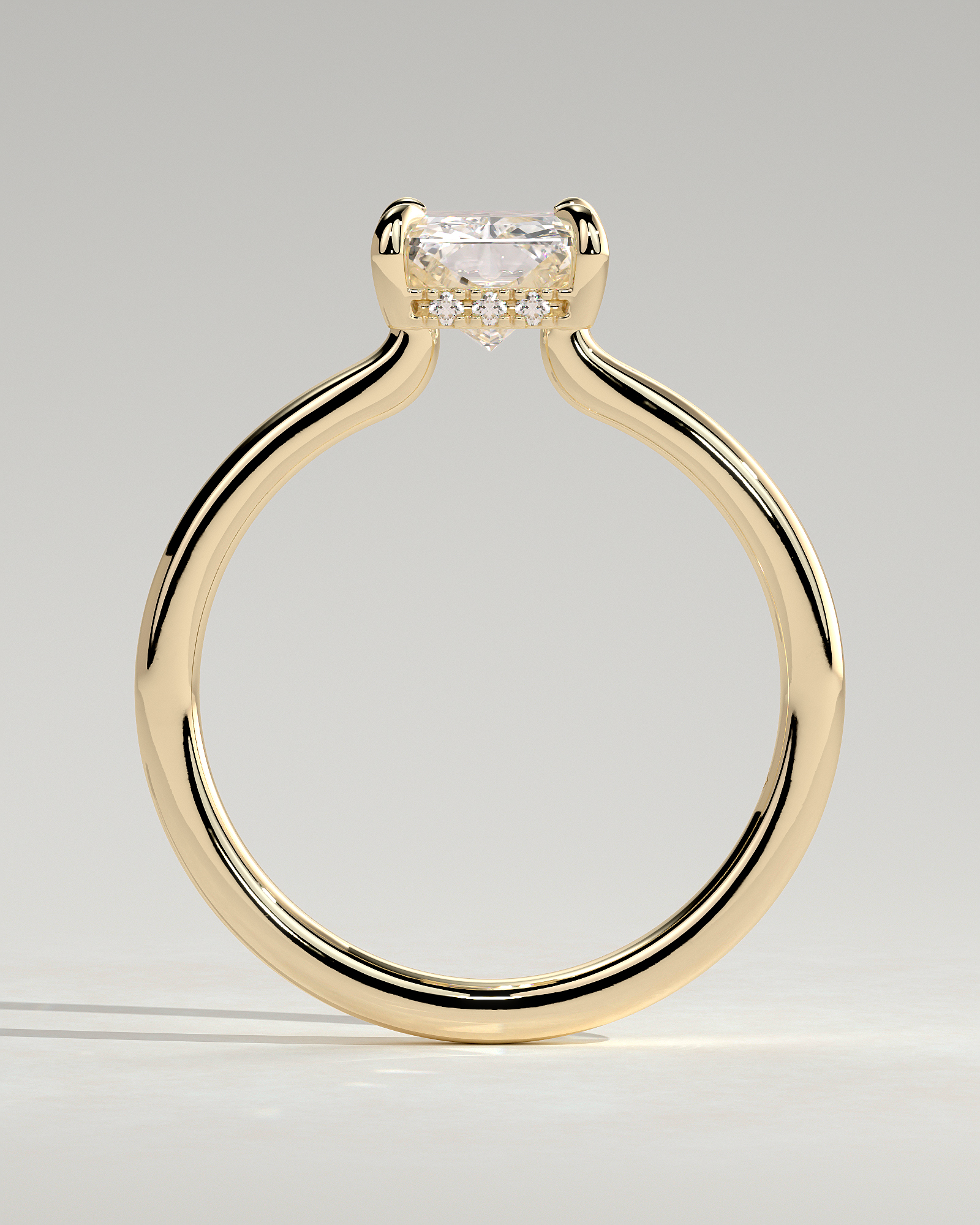 Adina - Radiant Floating Low Set Flush Solitaire with Hidden Halo - 18k Yellow Gold