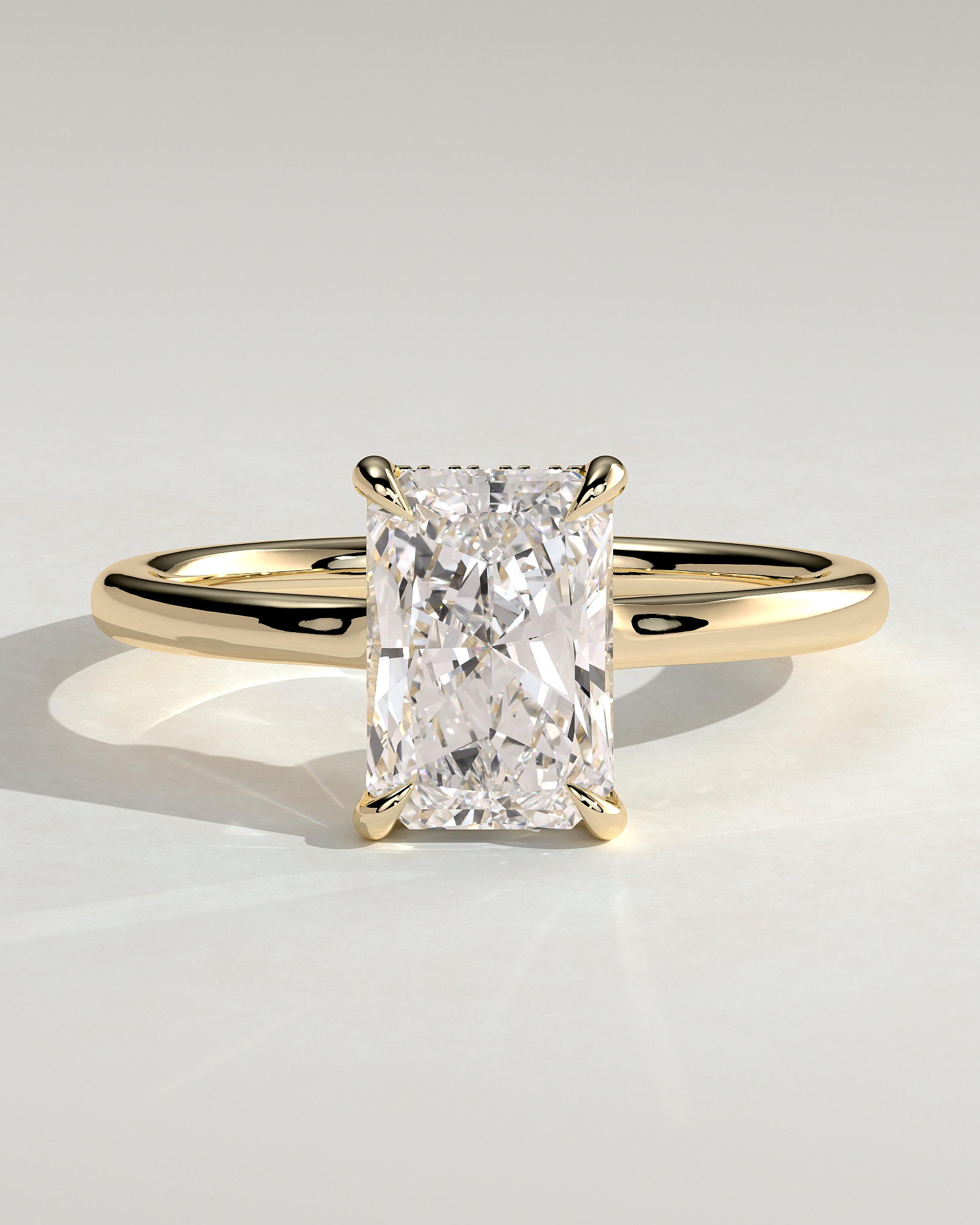 Adina - Radiant Floating Low Set Flush Solitaire with Hidden Halo - 18k Yellow Gold