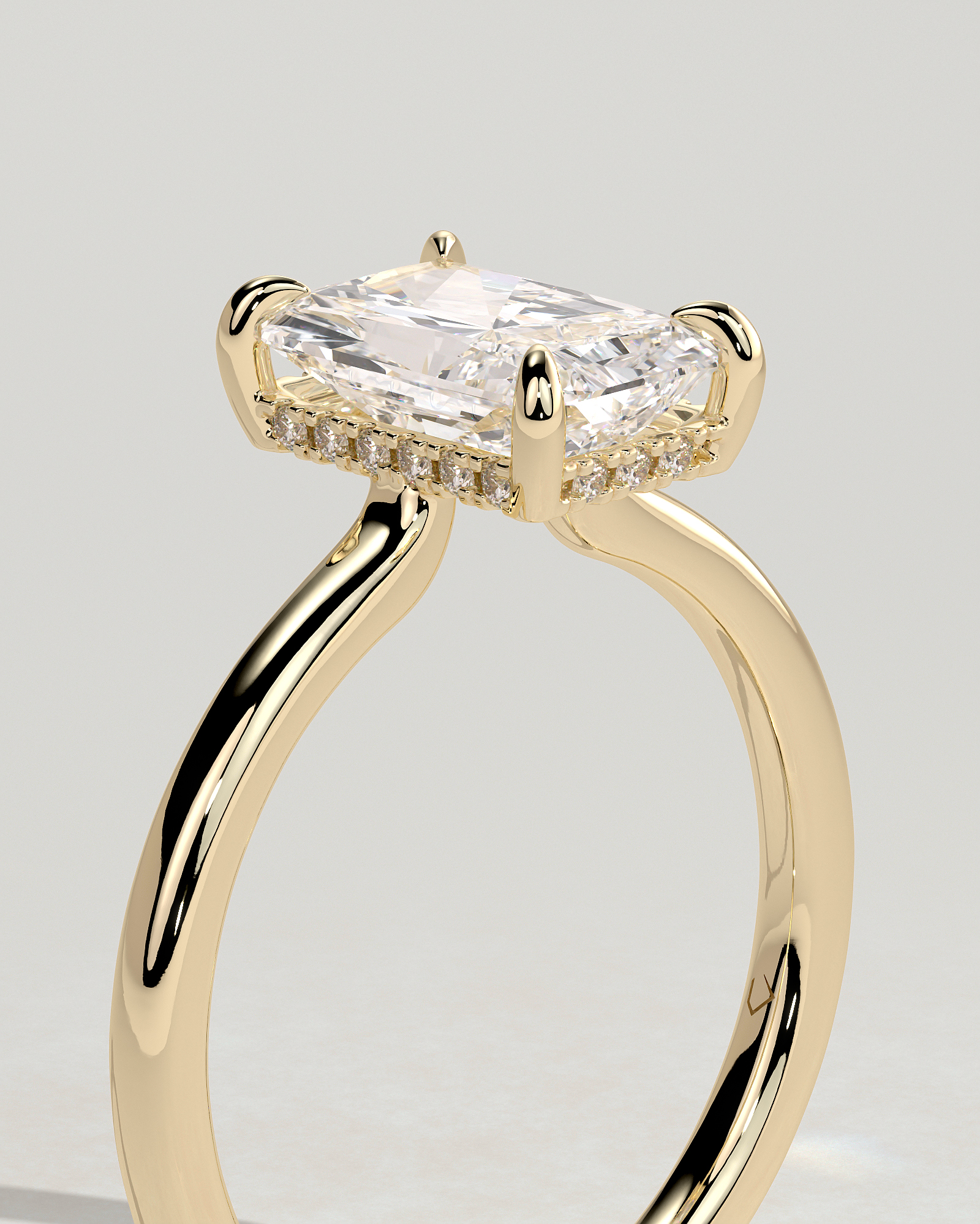 Adina - Radiant Floating Low Set Flush Solitaire with Hidden Halo - 18k Yellow Gold