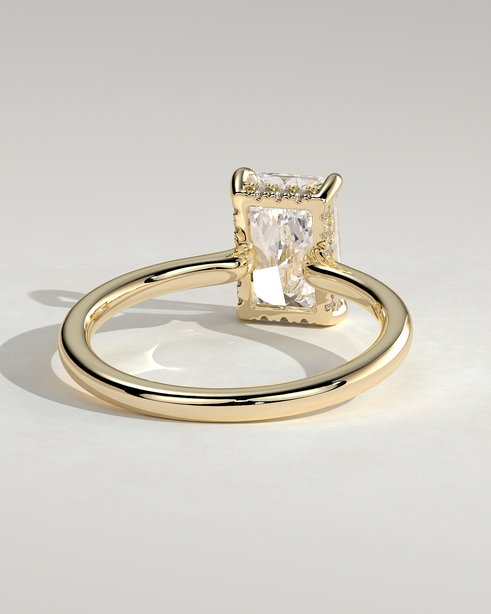 Adina - Radiant Floating Low Set Flush Solitaire with Hidden Halo - 18k Yellow Gold